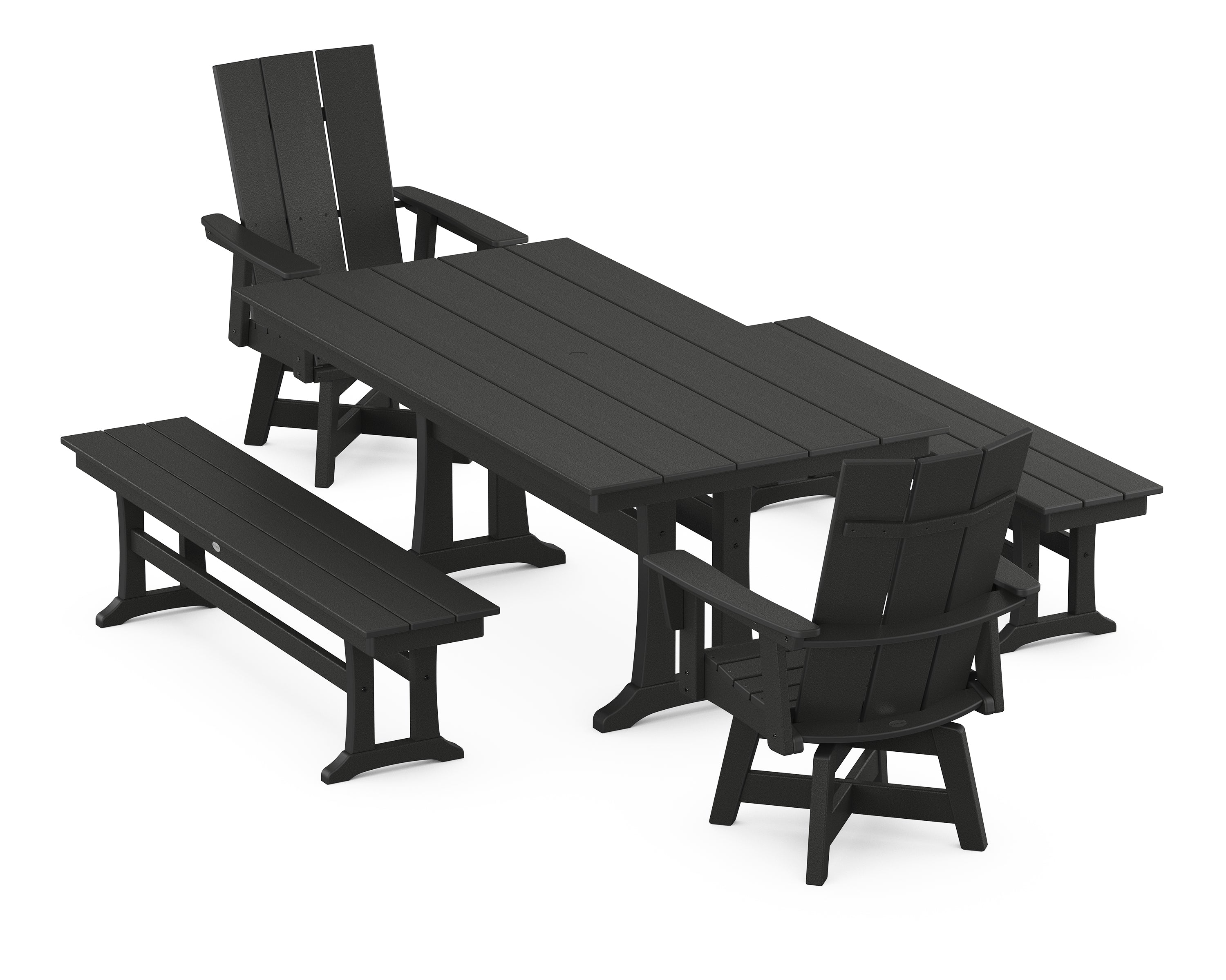 POLYWOOD® Modern Curveback Adirondack Swivel Chair 5-Piece Farmhouse Dining Set With Trestle Legs and Benches in Black