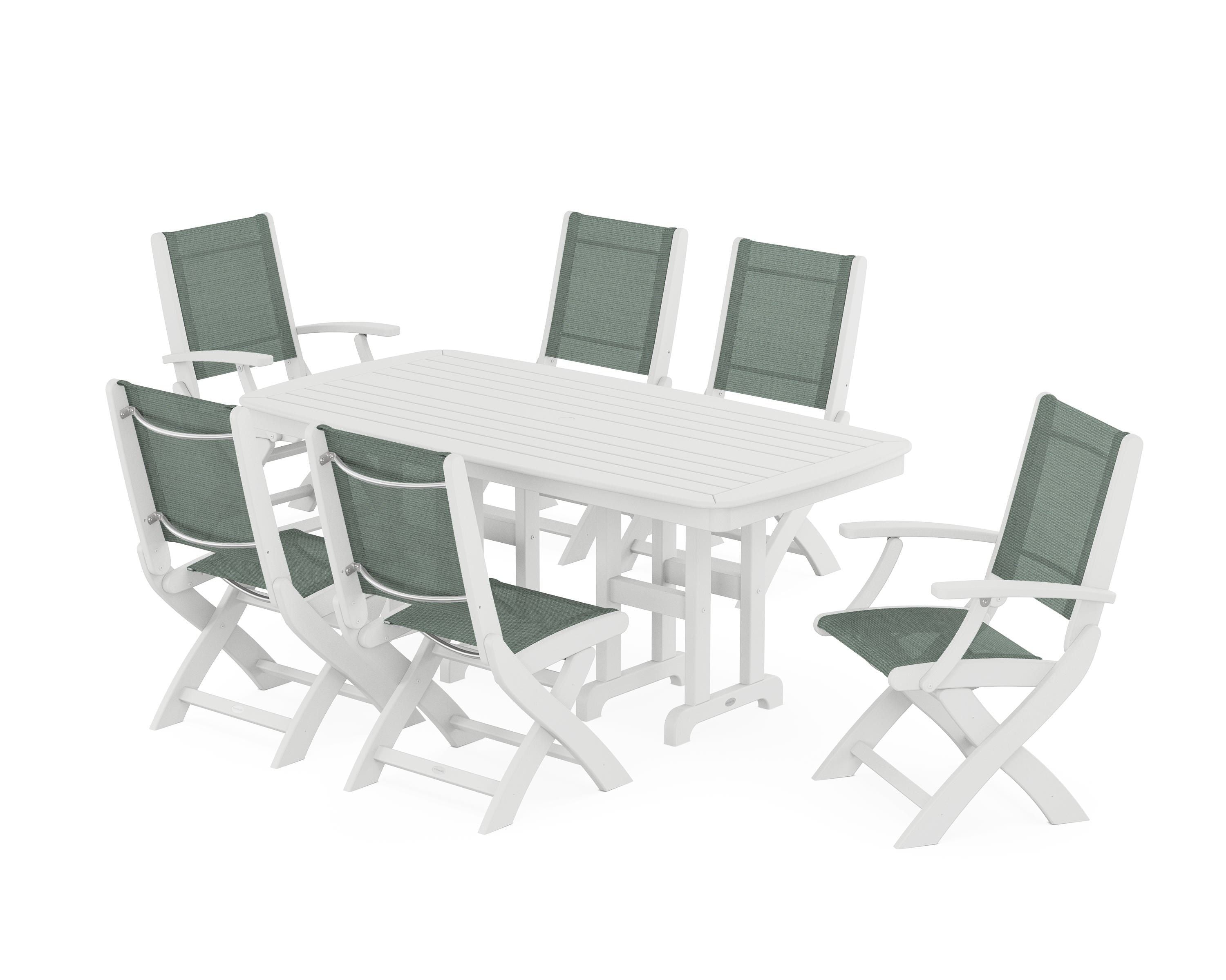 POLYWOOD Coastal Folding Chair 7-Piece Dining Set in White / Dupioni Sea Mist Sling