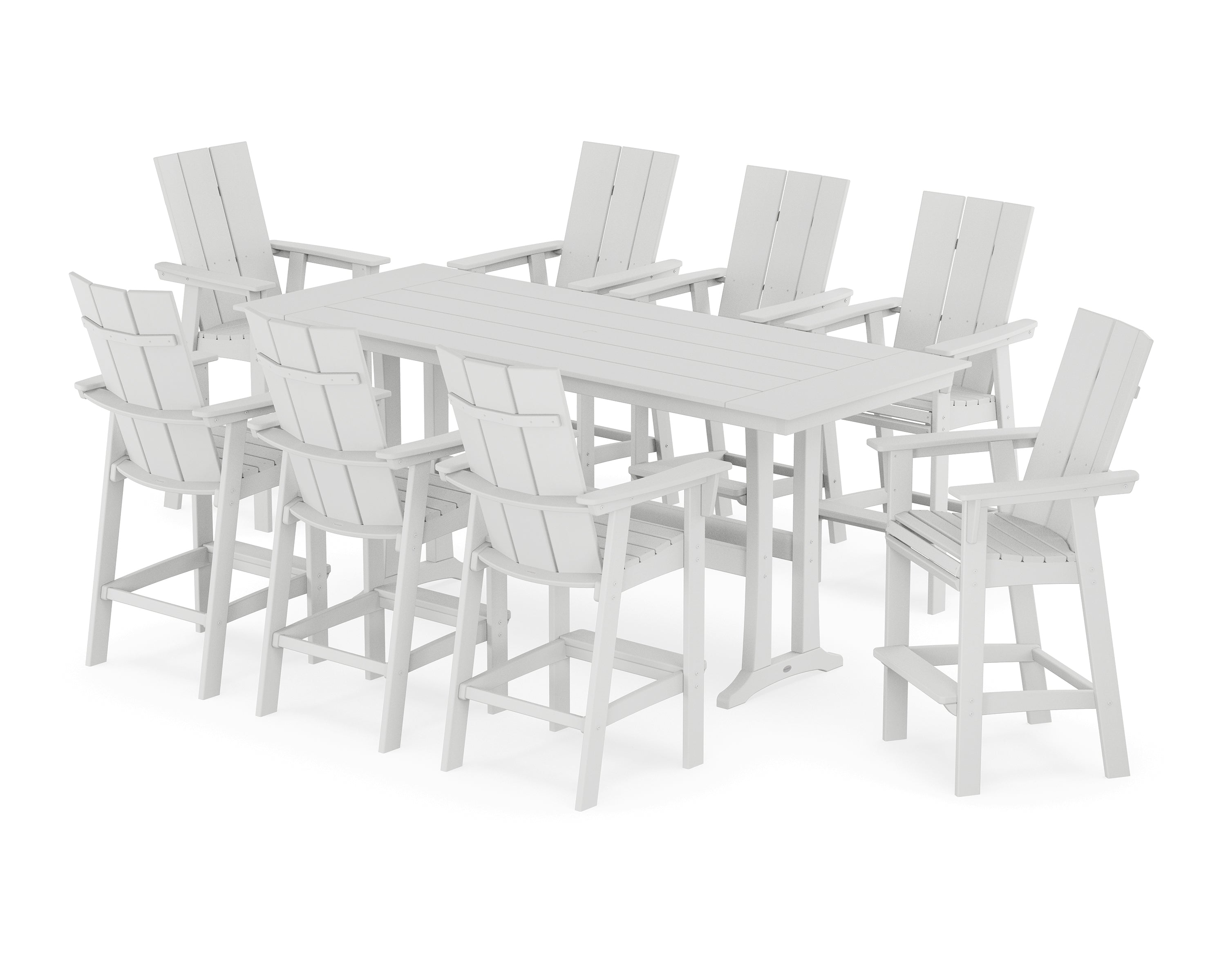 POLYWOOD Modern Curveback Adirondack 9-Piece Farmhouse Bar Set with Trestle Legs in White