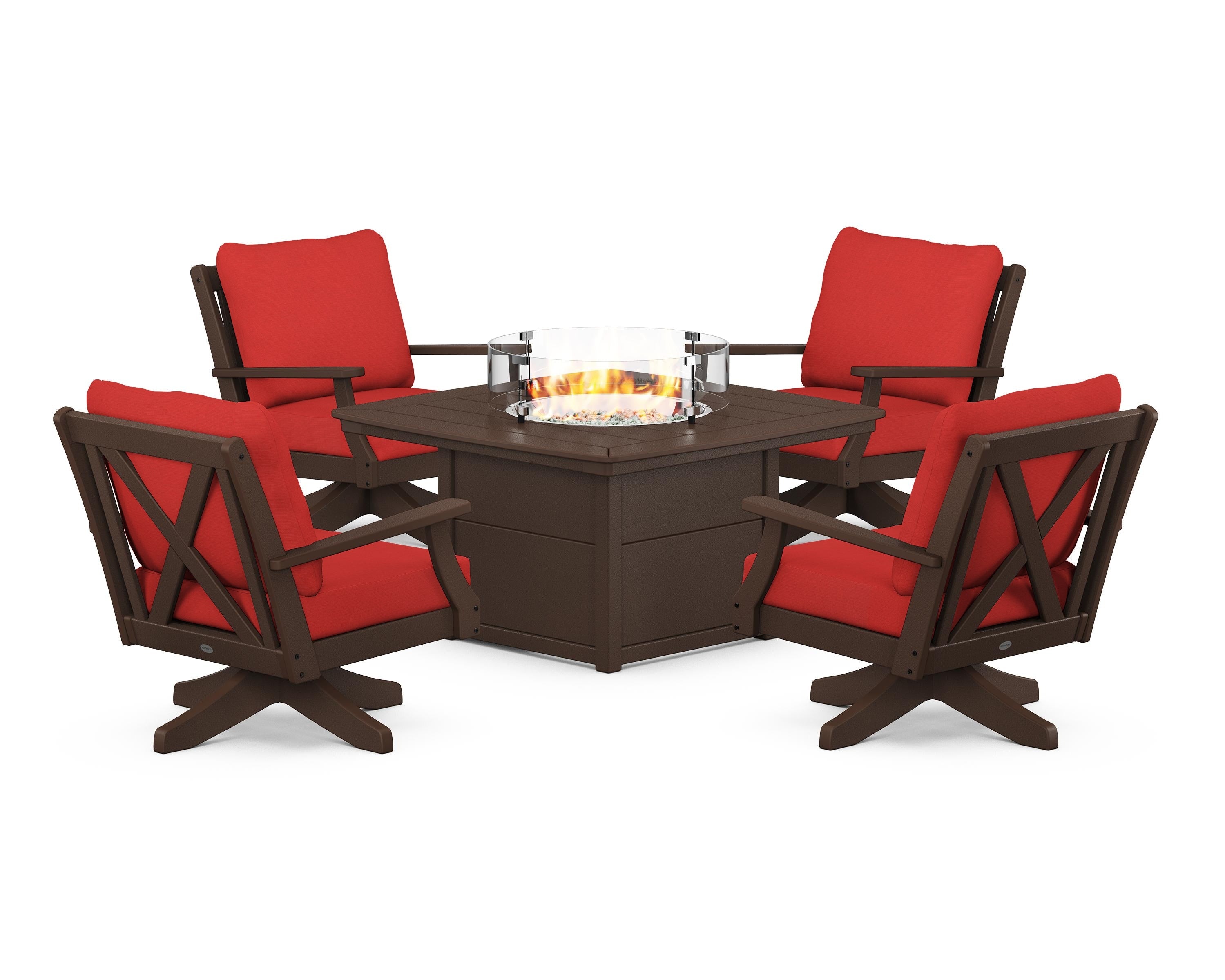 POLYWOOD Braxton 5-Piece Deep Seating Swivel Conversation Set with Fire Pit Table in Mahogany / Crimson Linen