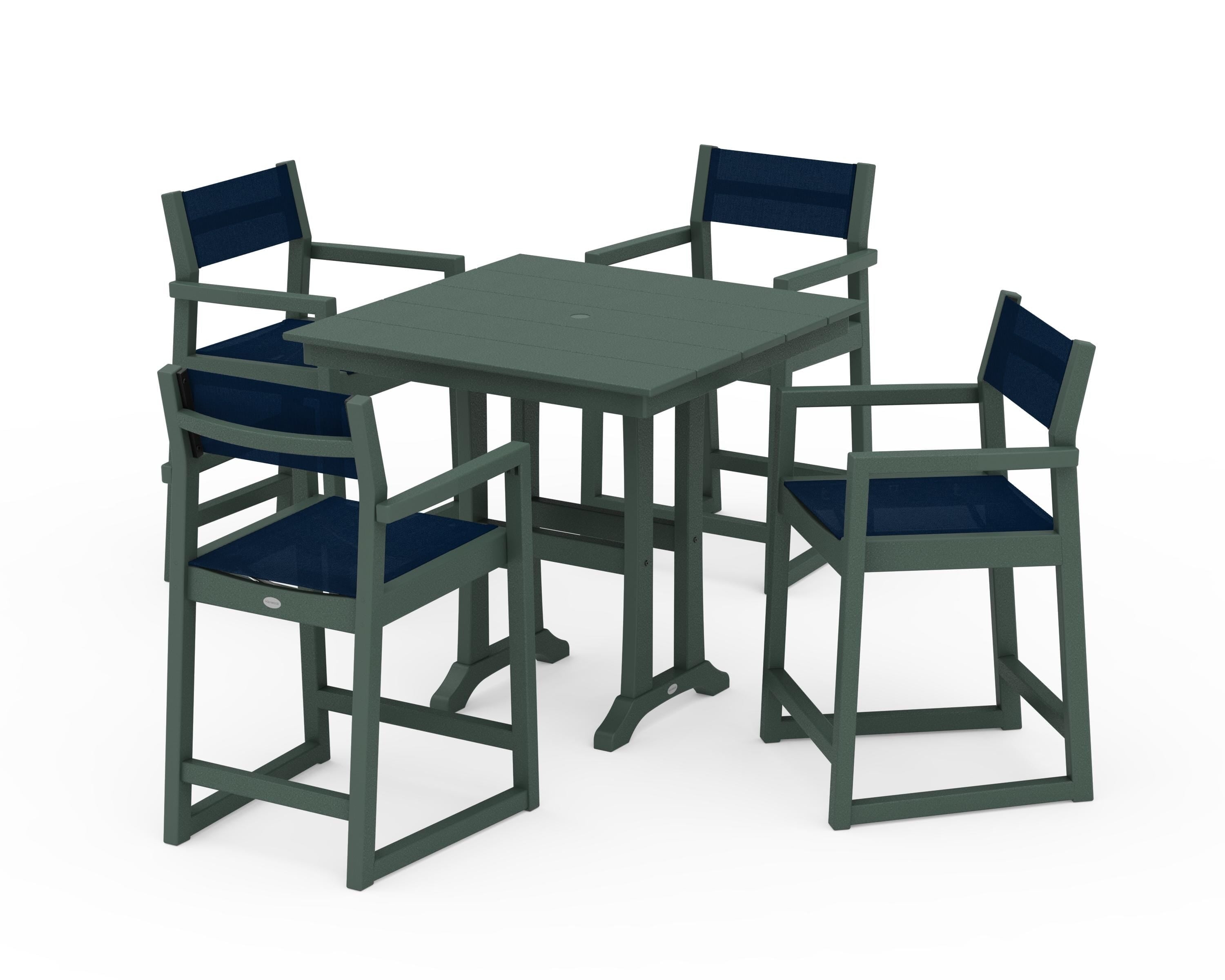 POLYWOOD EDGE Sling Arm Chair 5-Piece Farmhouse Counter Set with Trestle Legs in Green / Navy Blue Sling