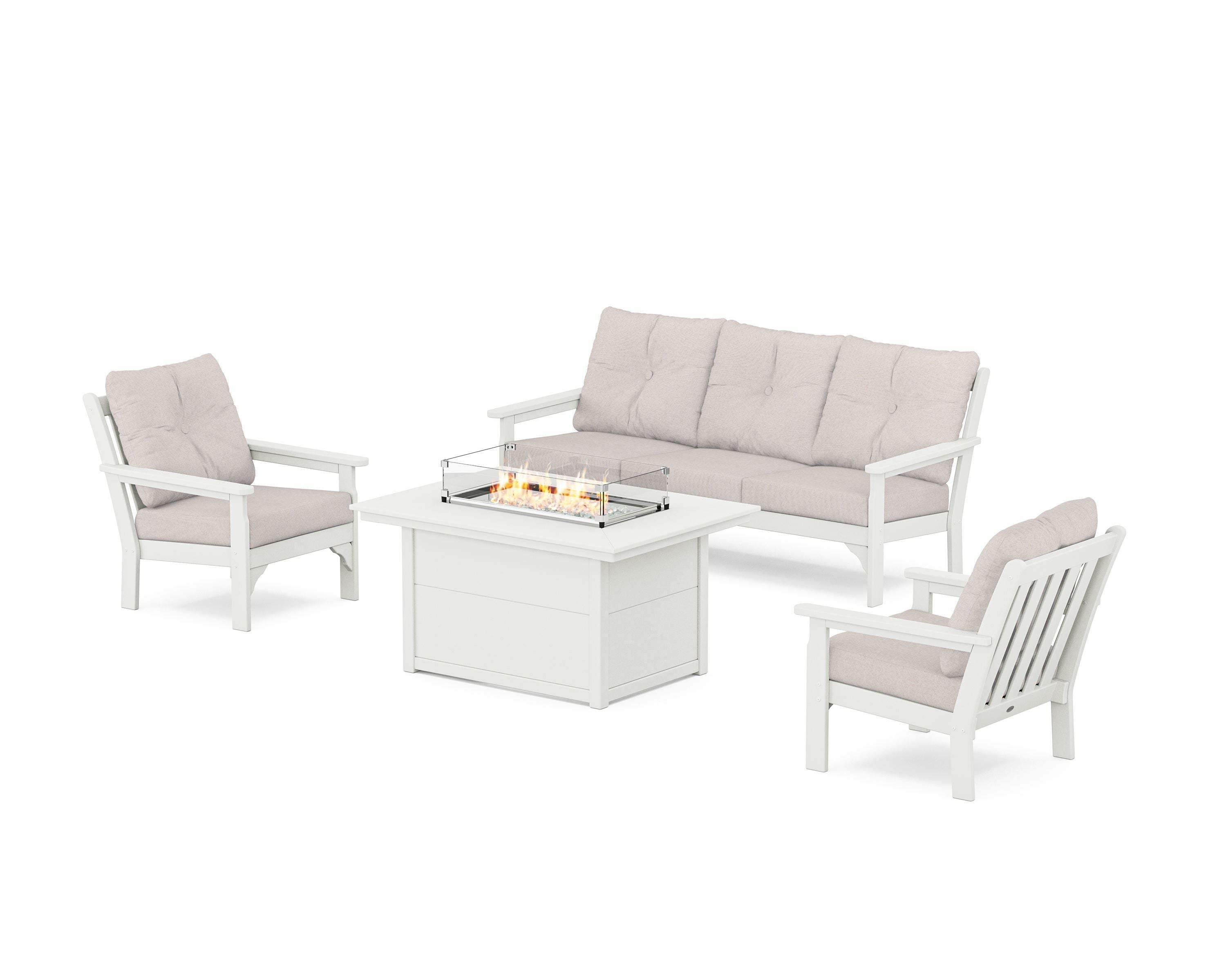 POLYWOOD Vineyard Deep Seating Fire Pit Table Set in Vintage White / Dune Burlap