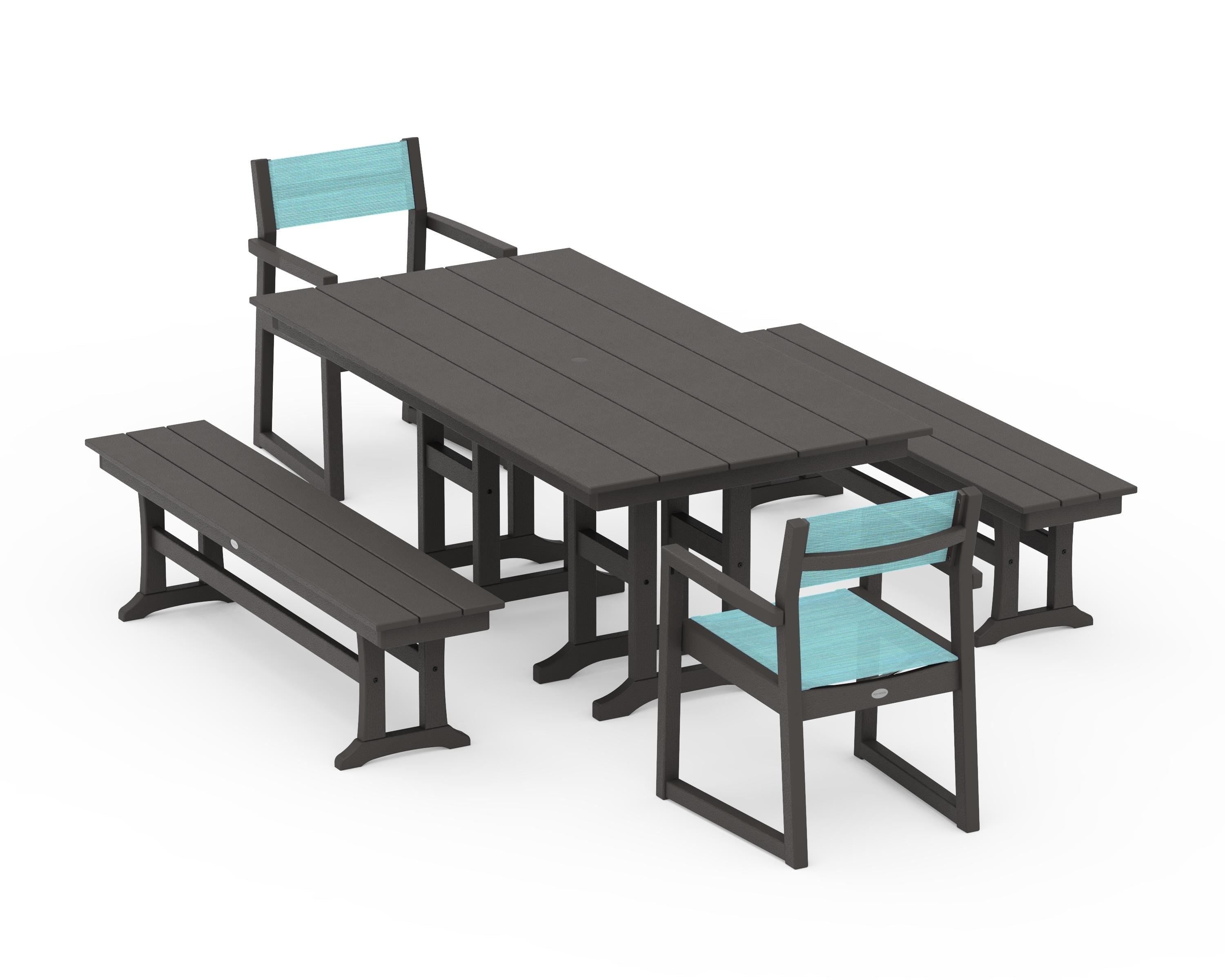 POLYWOOD EDGE Sling Arm Chair 5-Piece Farmhouse Dining Set with Benches in Vintage Coffee / Dupioni Aquamarine Sling