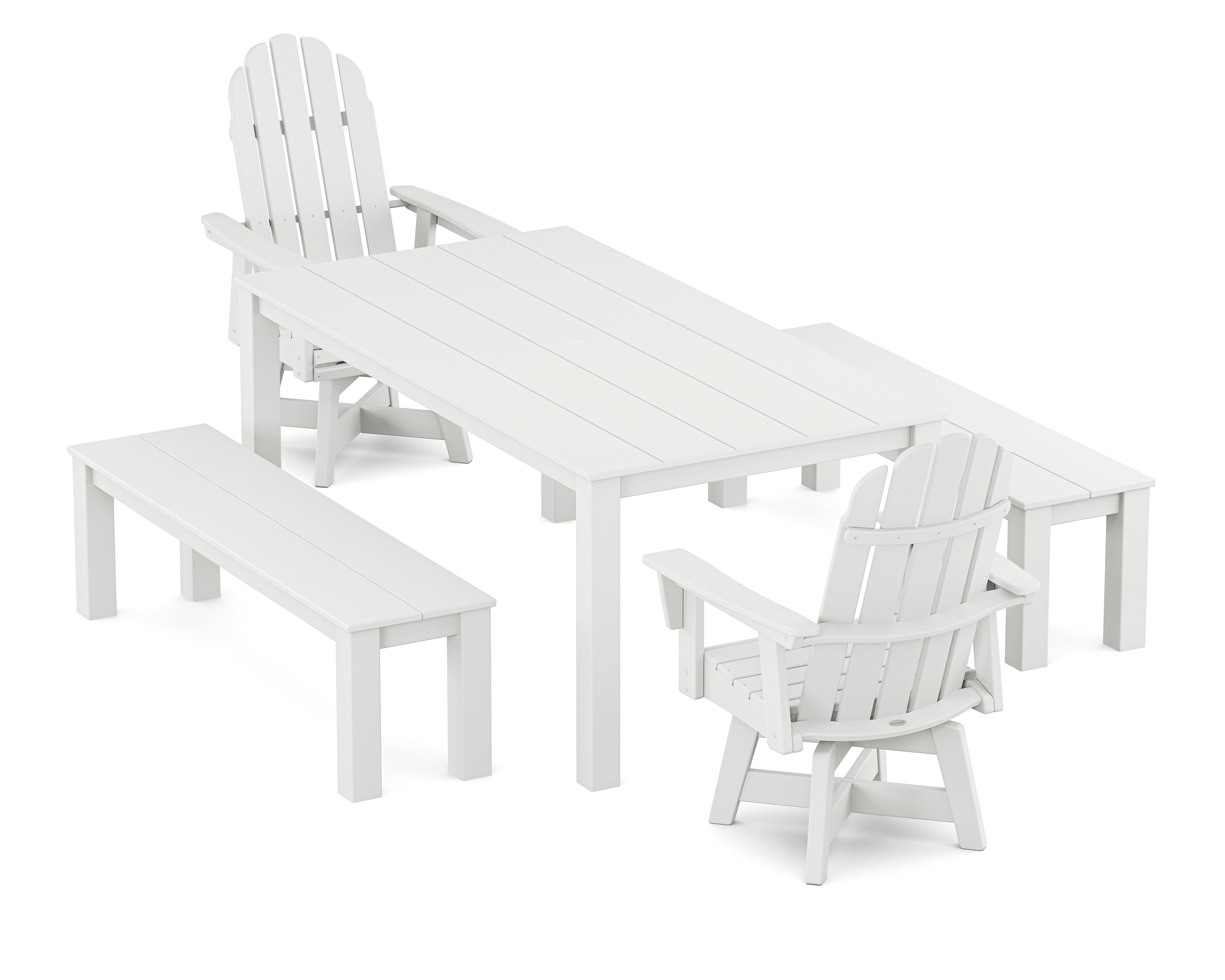 POLYWOOD Vineyard Curveback Adirondack 5-Piece Parsons Swivel Dining Set with Benches in White