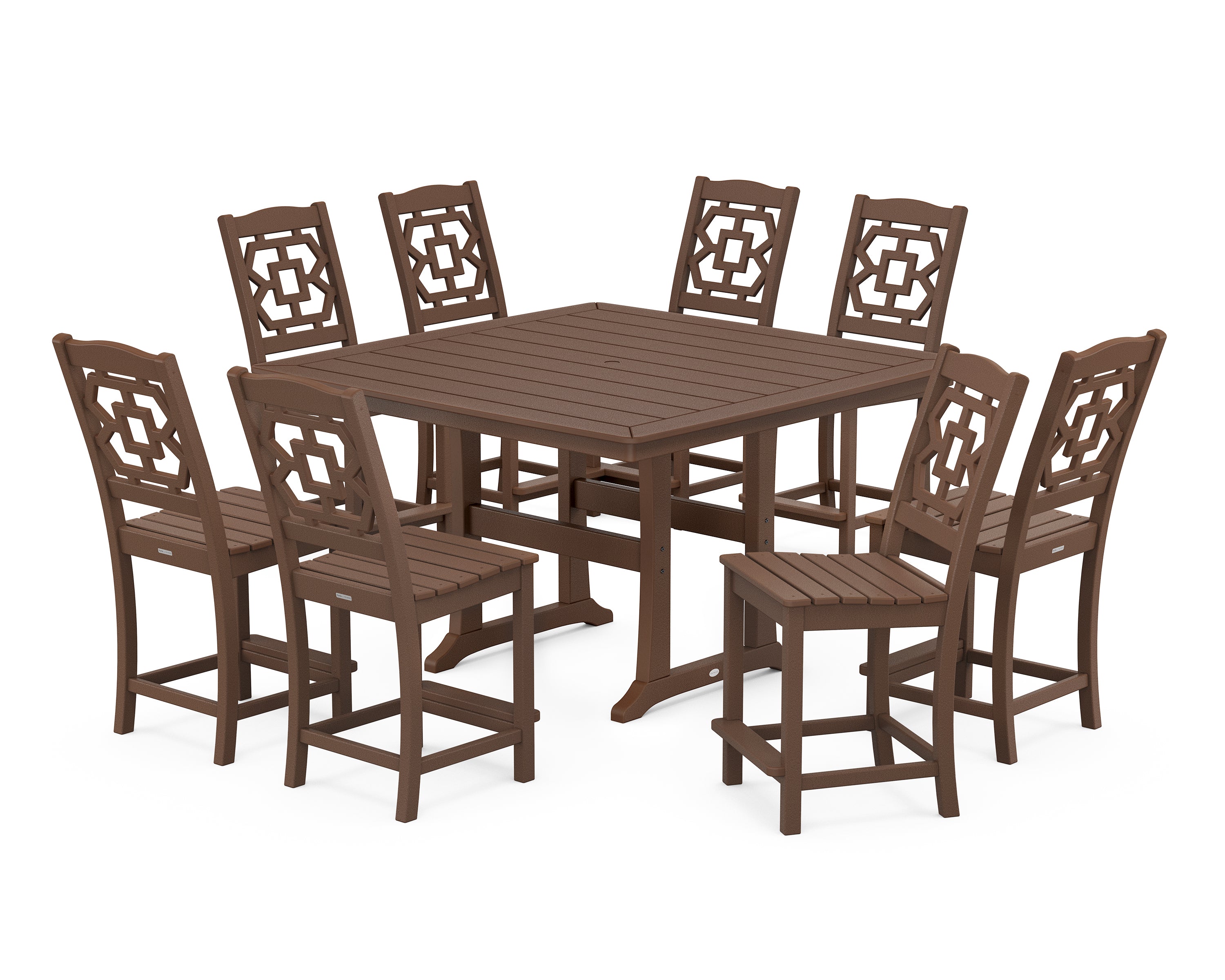 Martha Stewart by POLYWOOD Chinoiserie 9-Piece Square Side Chair Counter Set with Trestle Legs in Mahogany