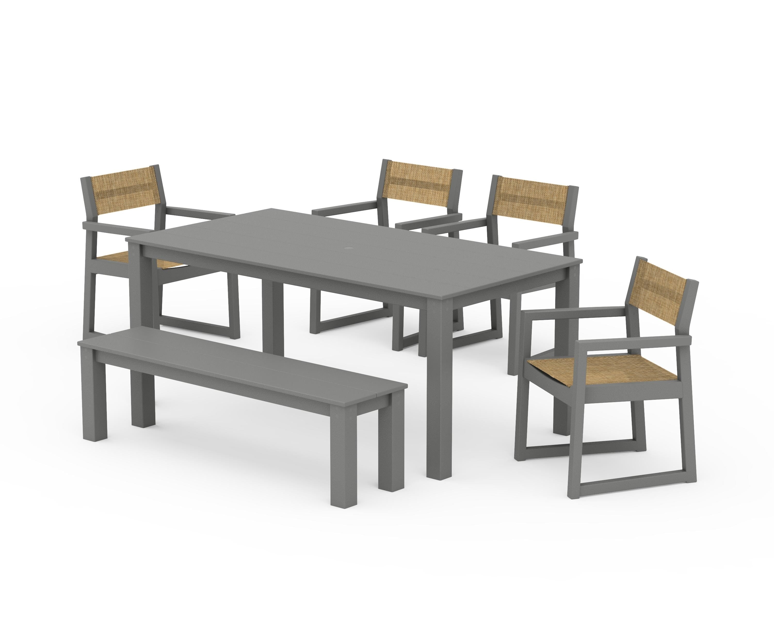 POLYWOOD EDGE Sling Arm Chair 6-Piece Parsons Dining Set with Bench in Slate Grey / Burlap Sling