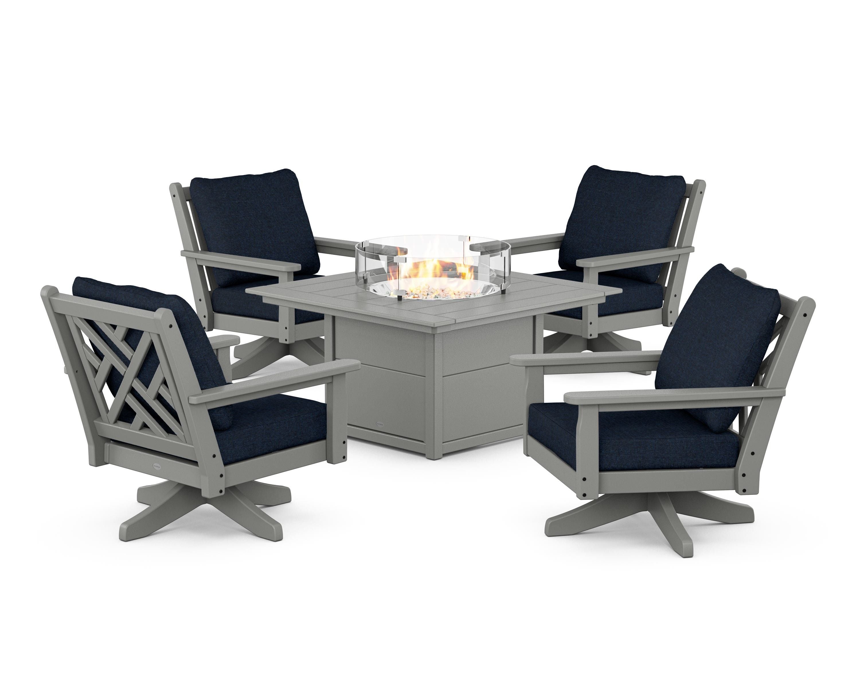POLYWOOD Chippendale 5-Piece Deep Seating Swivel Conversation Set with Fire Pit Table in Slate Grey / Marine Indigo