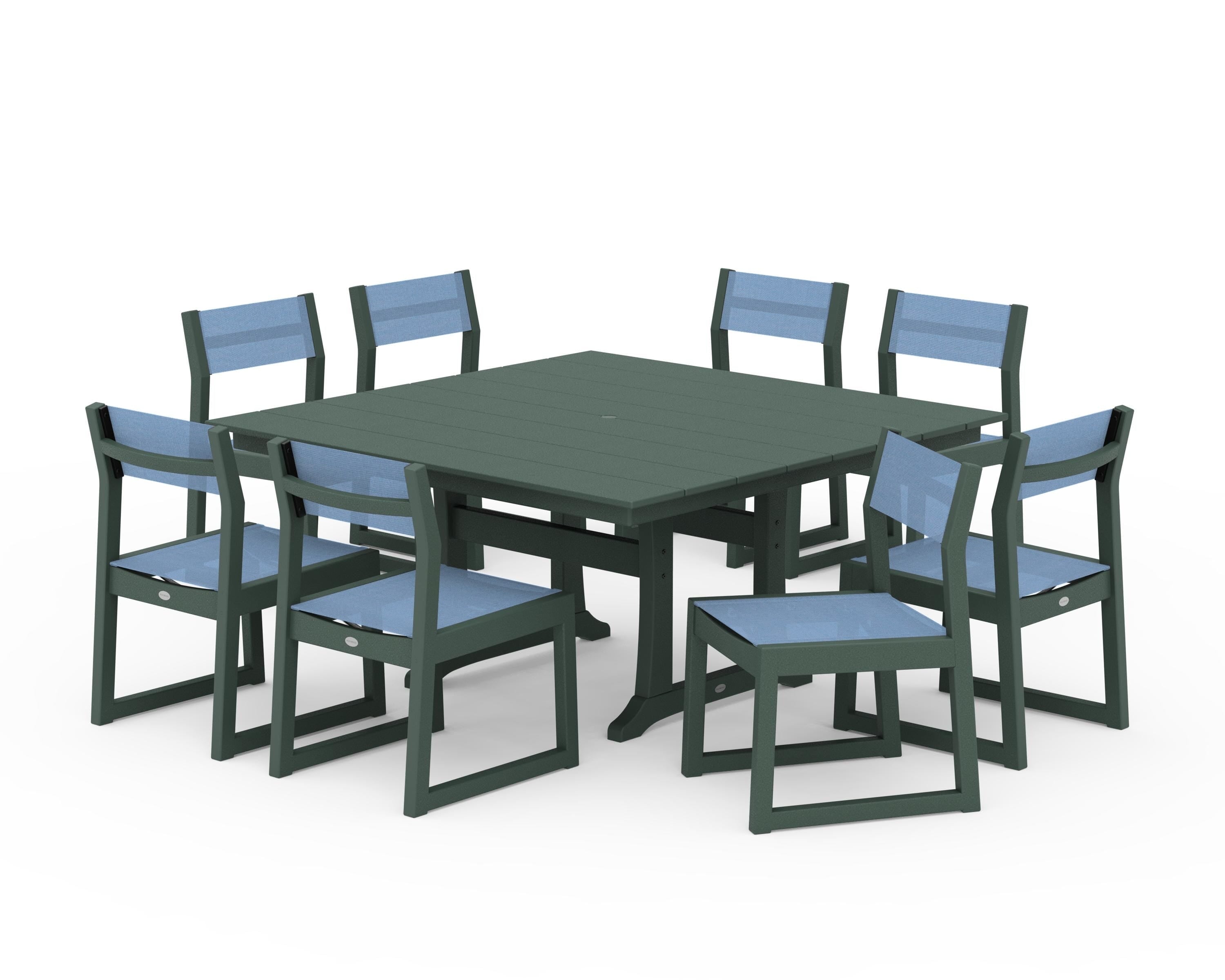 POLYWOOD EDGE Sling Side Chair 9-Piece Farmhouse Trestle Dining Set in Green / Poolside Sling