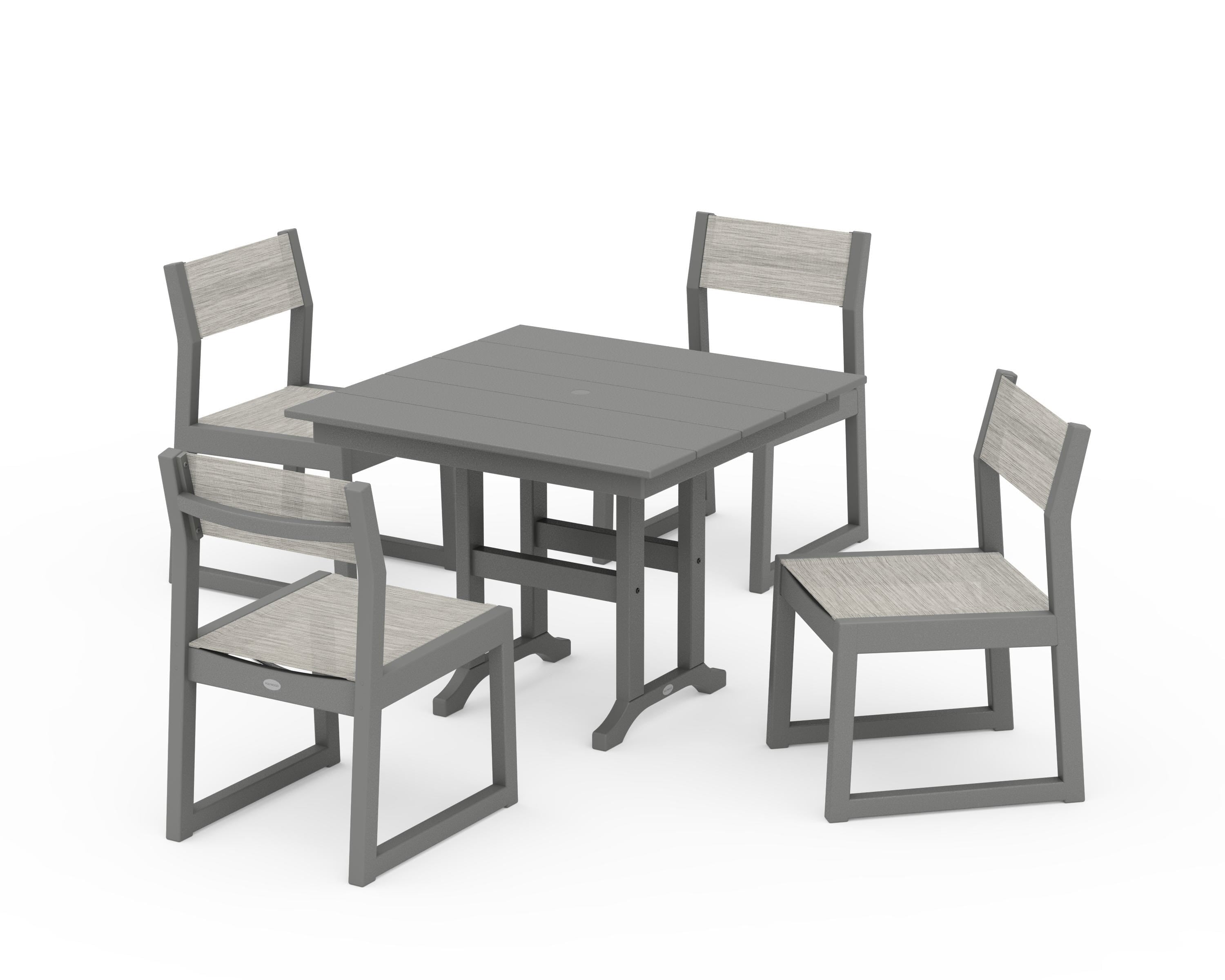 POLYWOOD EDGE Sling Side Chair 5-Piece Farmhouse Dining Set in Slate Grey / Birch Sling