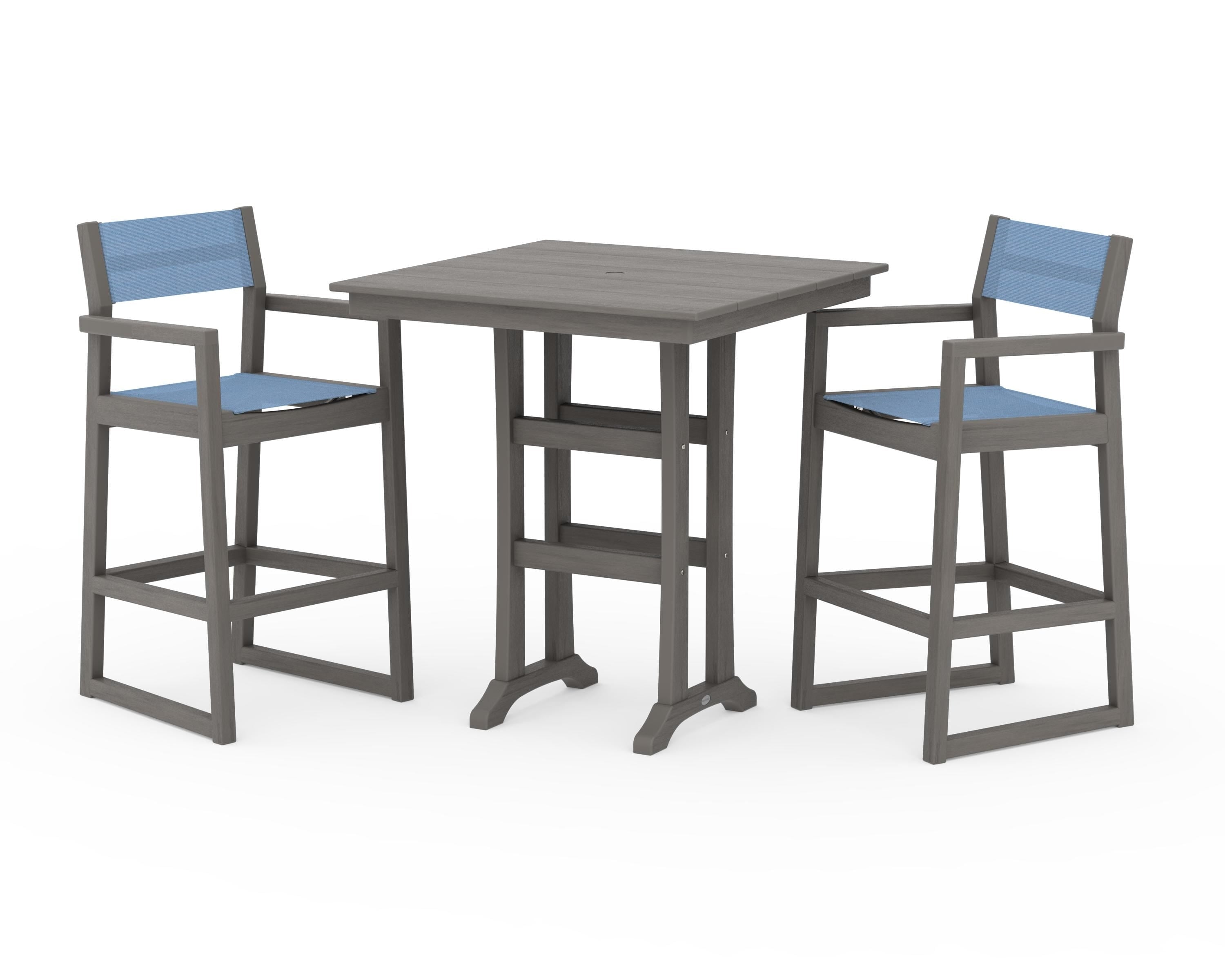 POLYWOOD EDGE Sling Arm Chair 3-Piece Farmhouse Bar Set with Trestle Legs in Driftwood / Poolside Sling