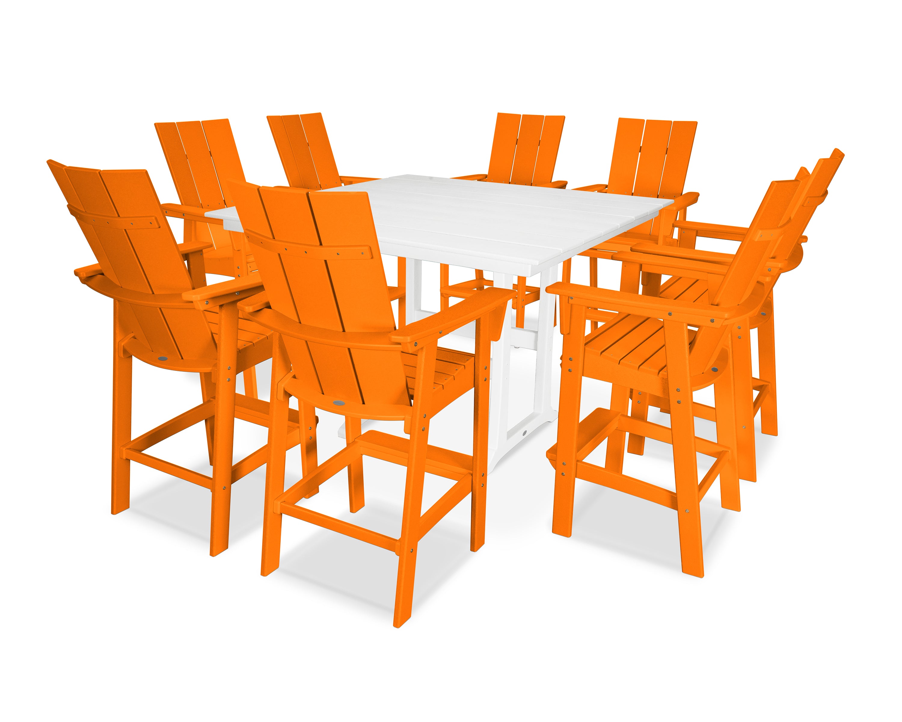 POLYWOOD® Modern Curveback Adirondack 9-Piece Farmhouse Trestle Bar Set in Tangerine / White