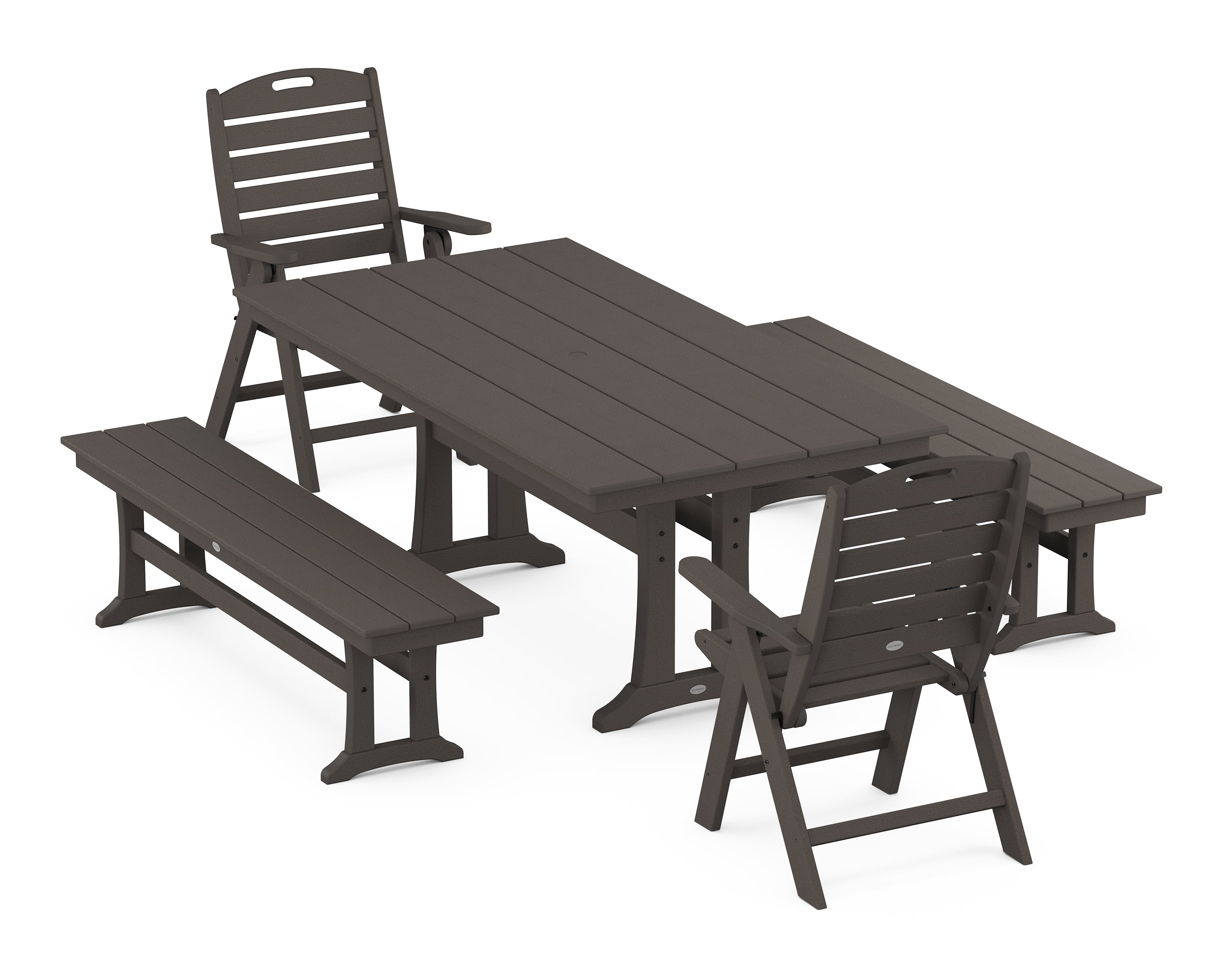 POLYWOOD Nautical Folding Highback Chair 5-Piece Farmhouse Dining Set With Trestle Legs and Benches in Vintage Coffee