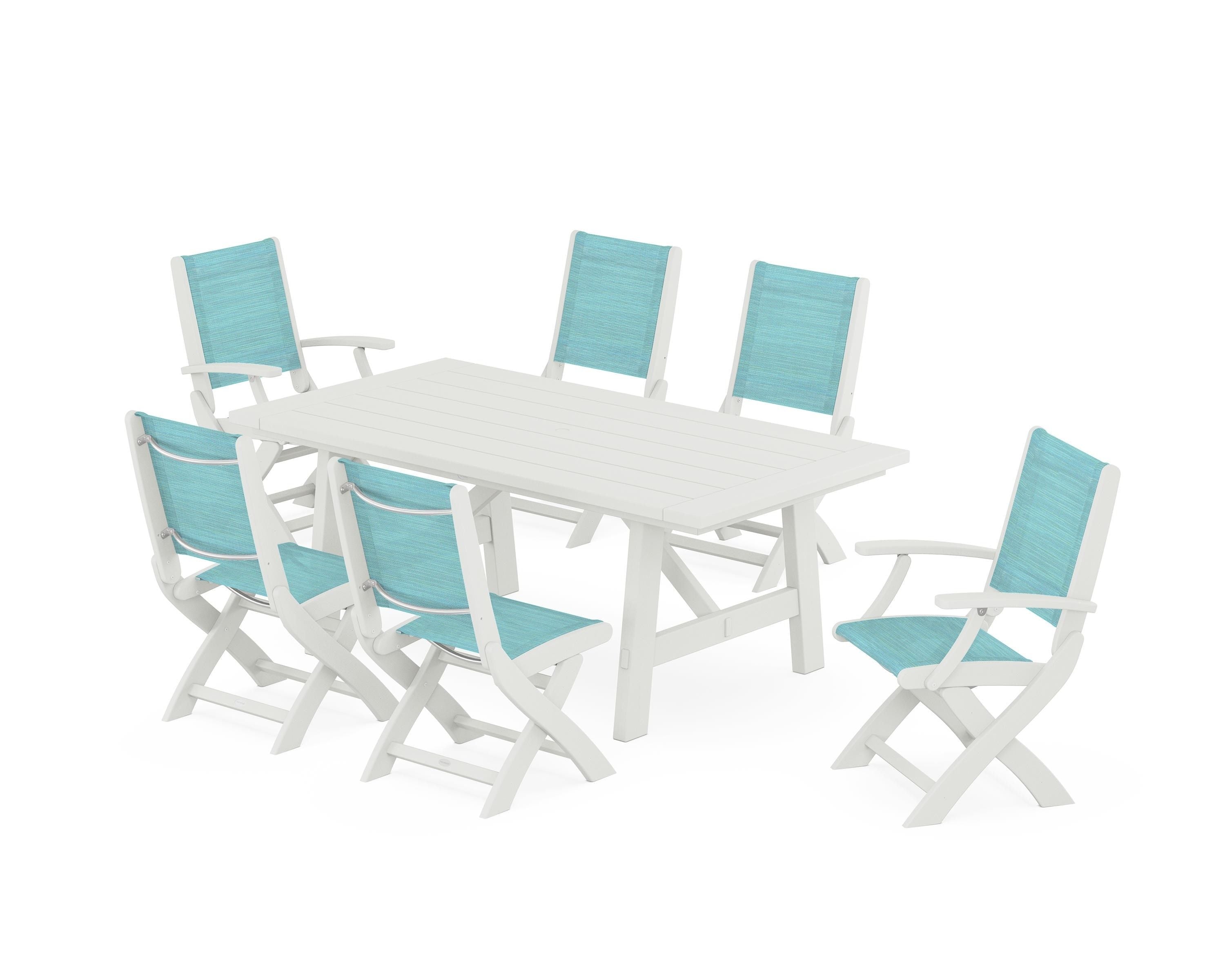 POLYWOOD Coastal Folding Chair 7-Piece Rustic Farmhouse Dining Set in Vintage White / Dupioni Aquamarine Sling