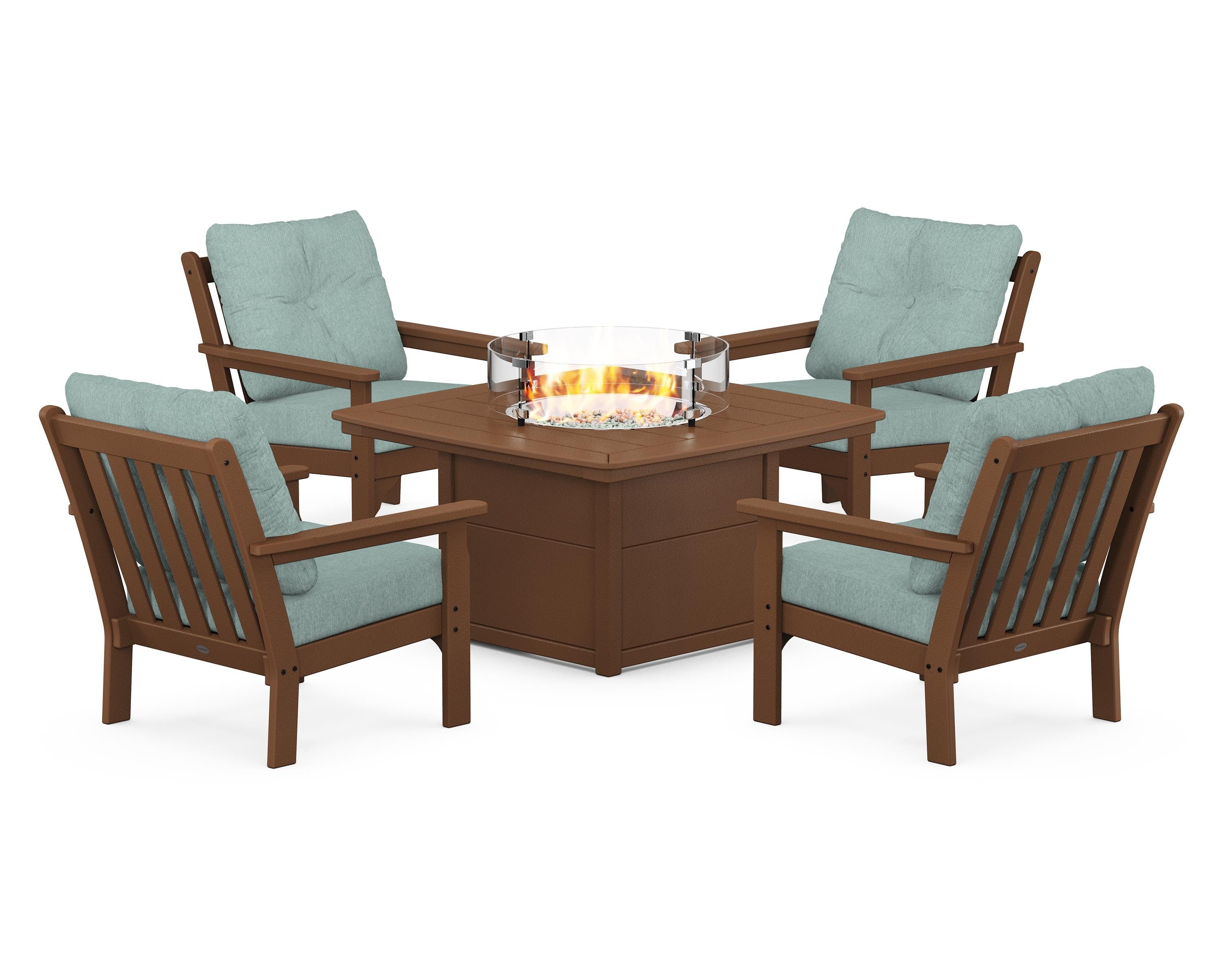 POLYWOOD Vineyard 5-Piece Conversation Set with Fire Pit Table in Teak / Glacier Spa