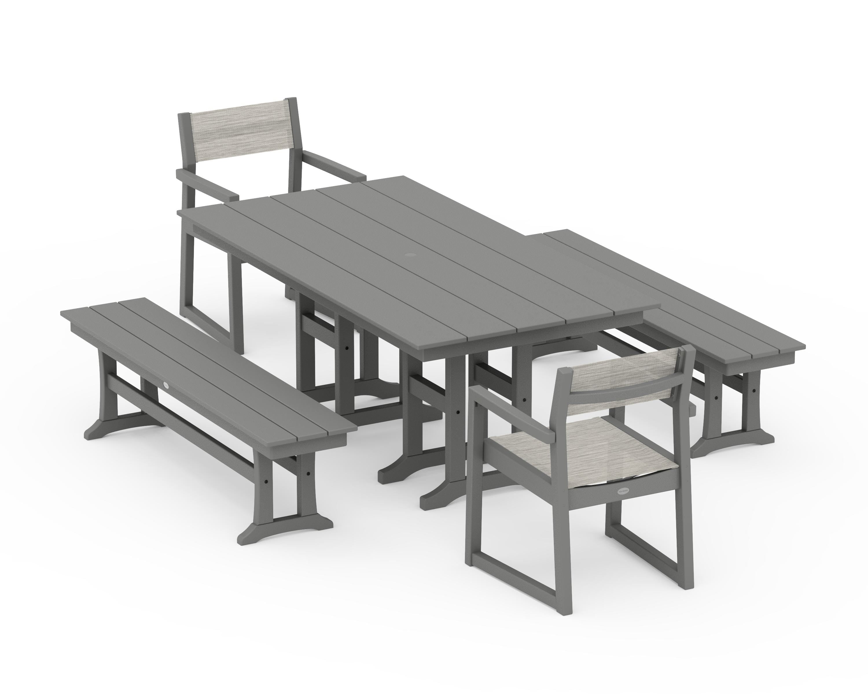 POLYWOOD EDGE Sling Arm Chair 5-Piece Farmhouse Dining Set with Benches in Slate Grey / Birch Sling