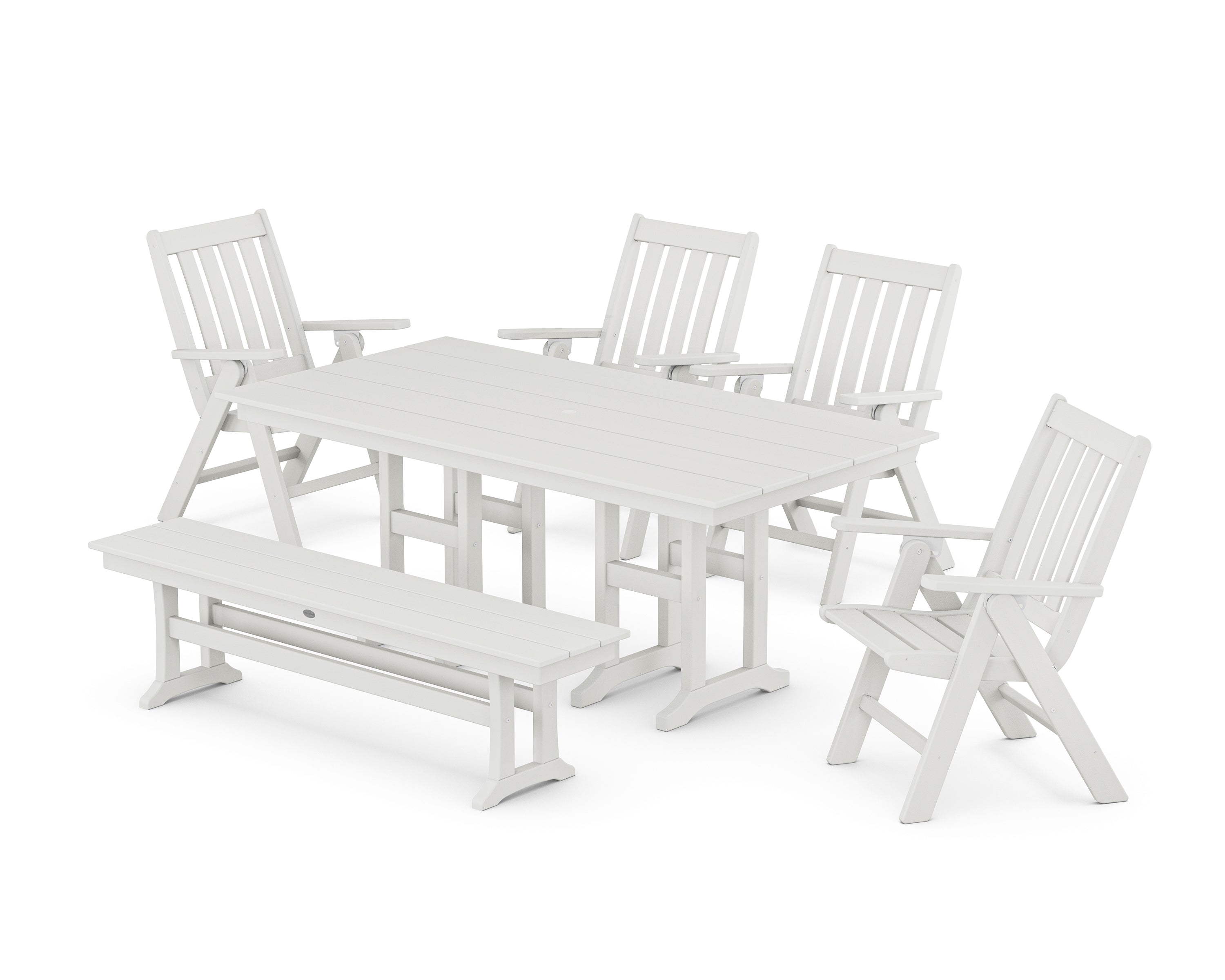 POLYWOOD Vineyard Folding Chair 6-Piece Farmhouse Dining Set with Bench in Vintage White