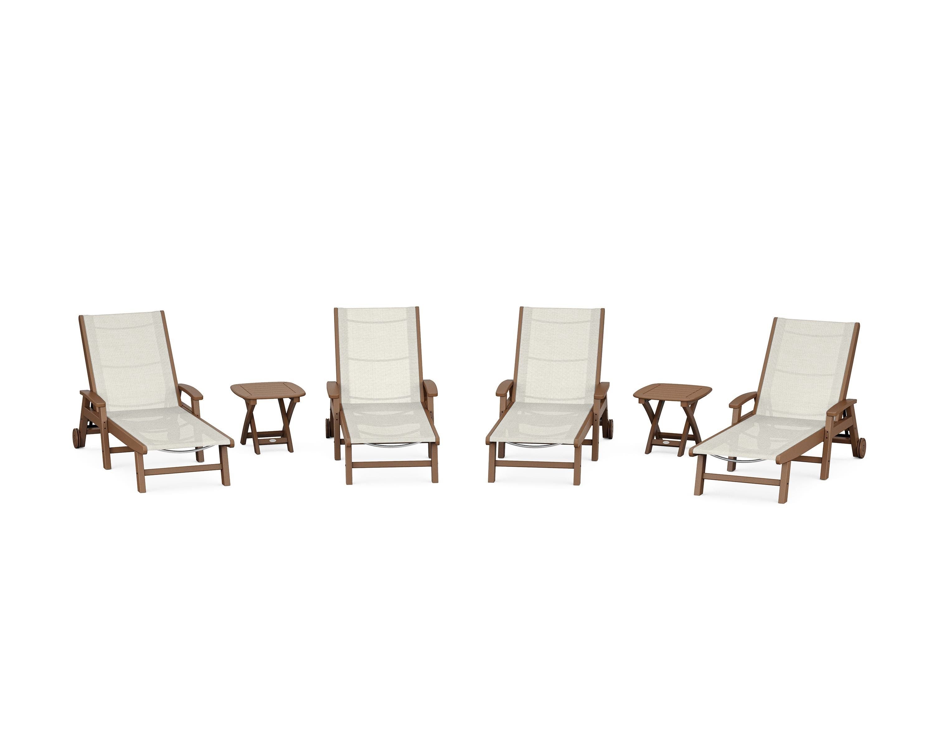 POLYWOOD Coastal Chaise 6-Piece Set with Wheels in Teak / Parchment Sling