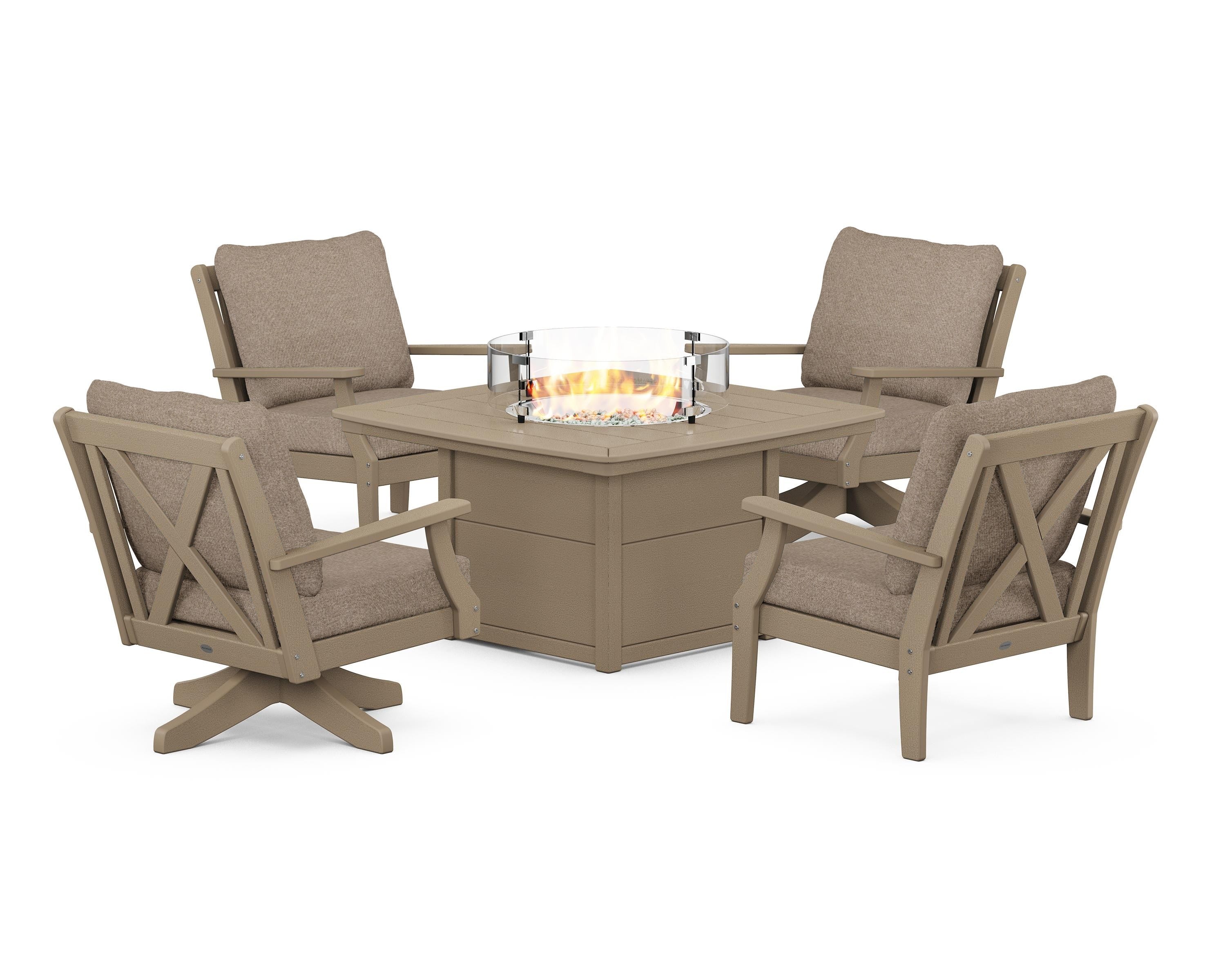 POLYWOOD Braxton 5-Piece Deep Seating Set with Fire Table in Vintage Sahara / Spiced Burlap