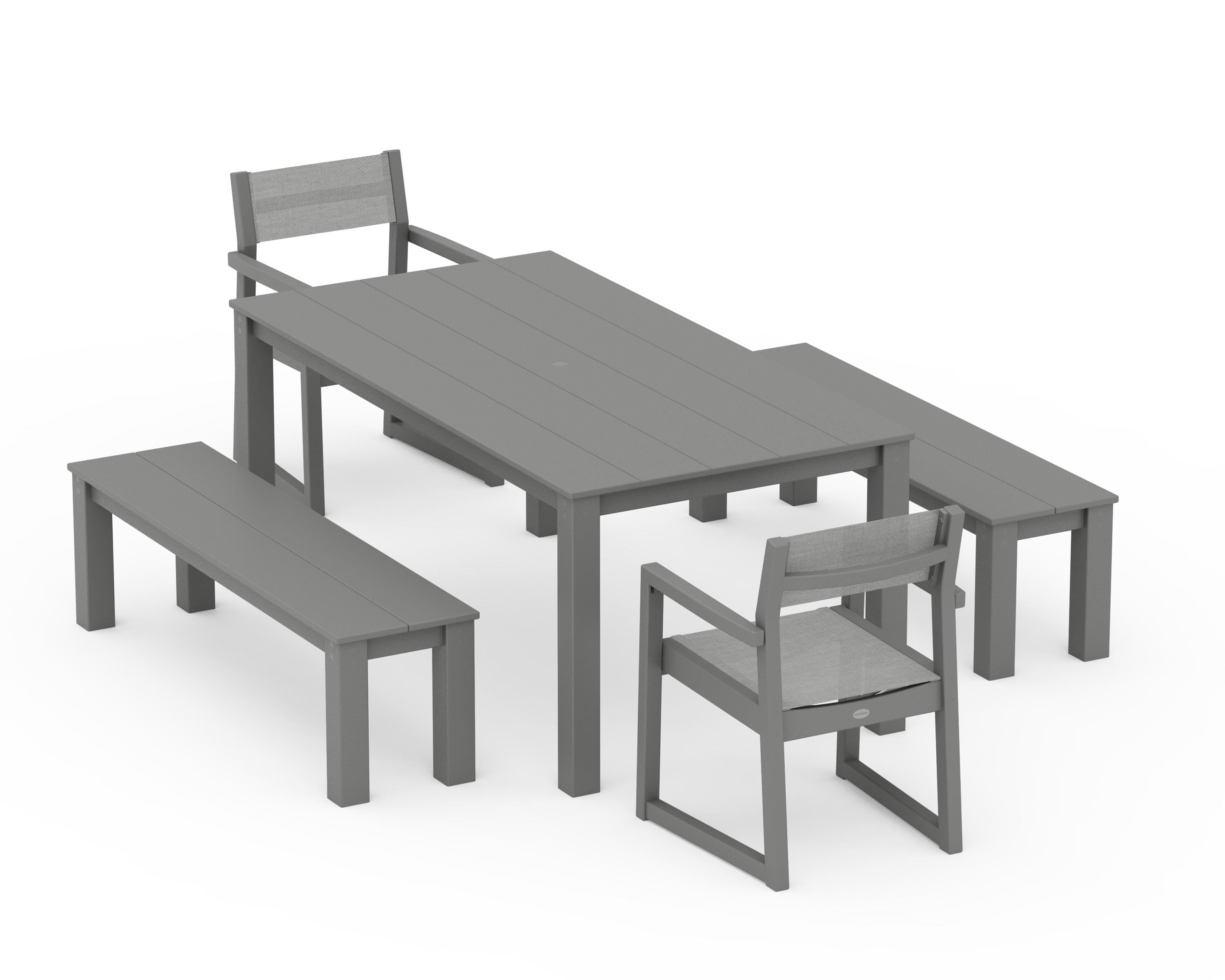 POLYWOOD EDGE Sling Arm Chair 5-Piece Parsons Dining Set with Benches in Slate Grey / Metallic Sling