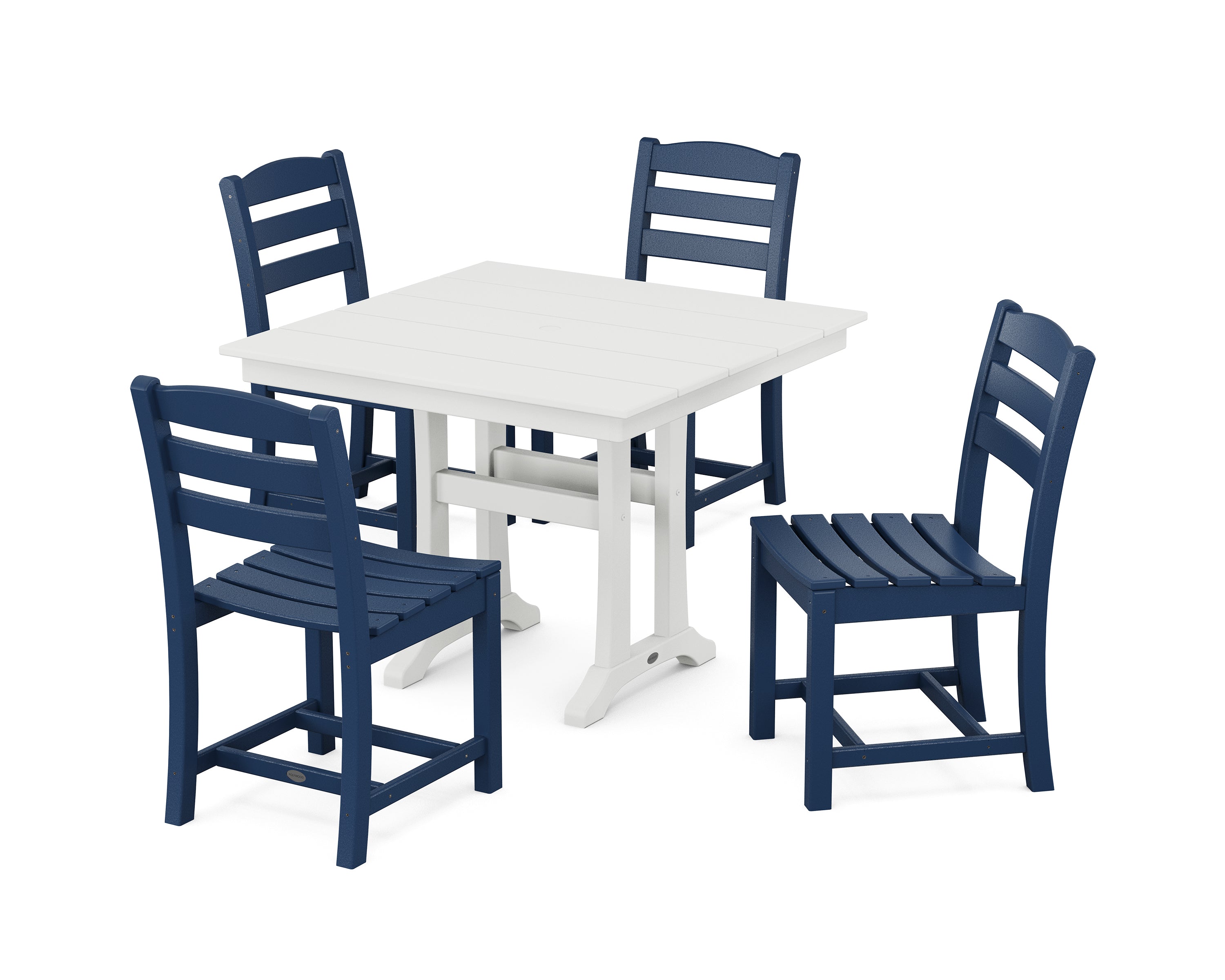 POLYWOOD La Casa Café 5-Piece Farmhouse Trestle Side Chair Dining Set in Navy / White