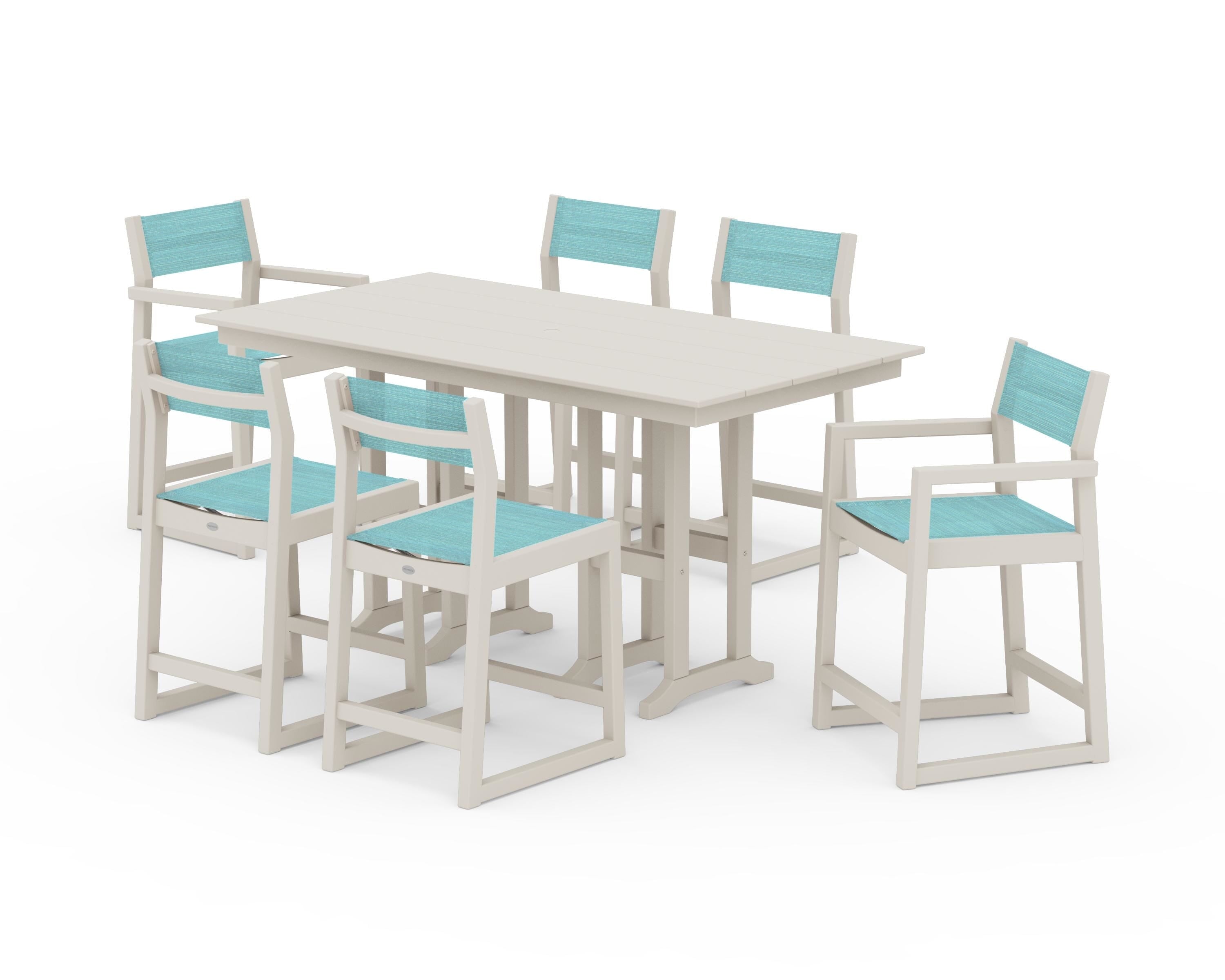 POLYWOOD EDGE Sling 7-Piece Farmhouse Counter Set in Sand / Dupioni Aquamarine Sling