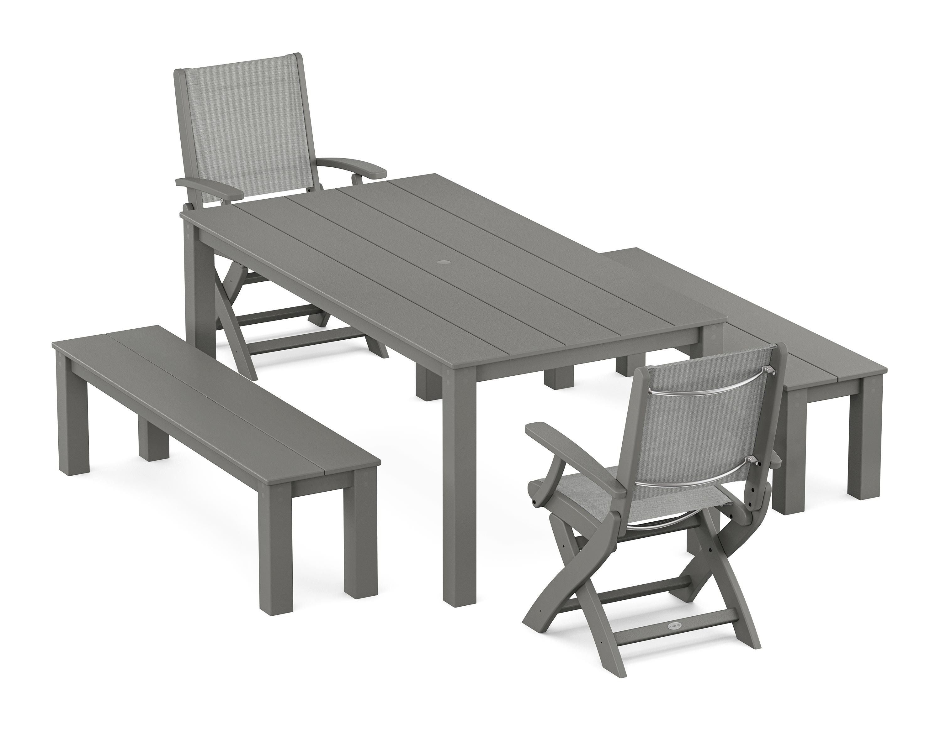 POLYWOOD Coastal Folding Chair 5-Piece Parsons Dining Set with Benches in Slate Grey / Metallic Sling