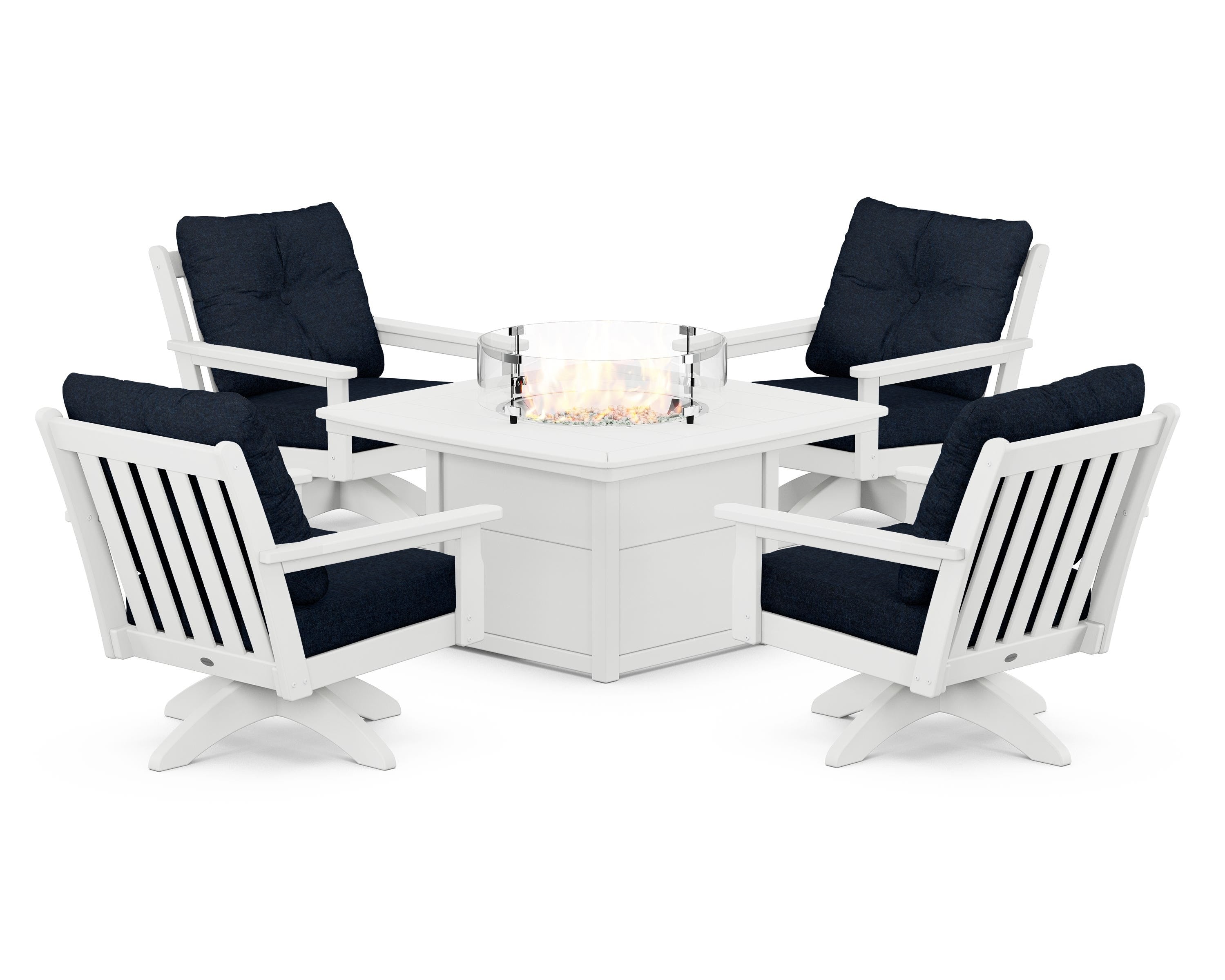 POLYWOOD Vineyard 5-Piece Deep Seating Swivel Conversation Set with Fire Pit Table in White / Marine Indigo