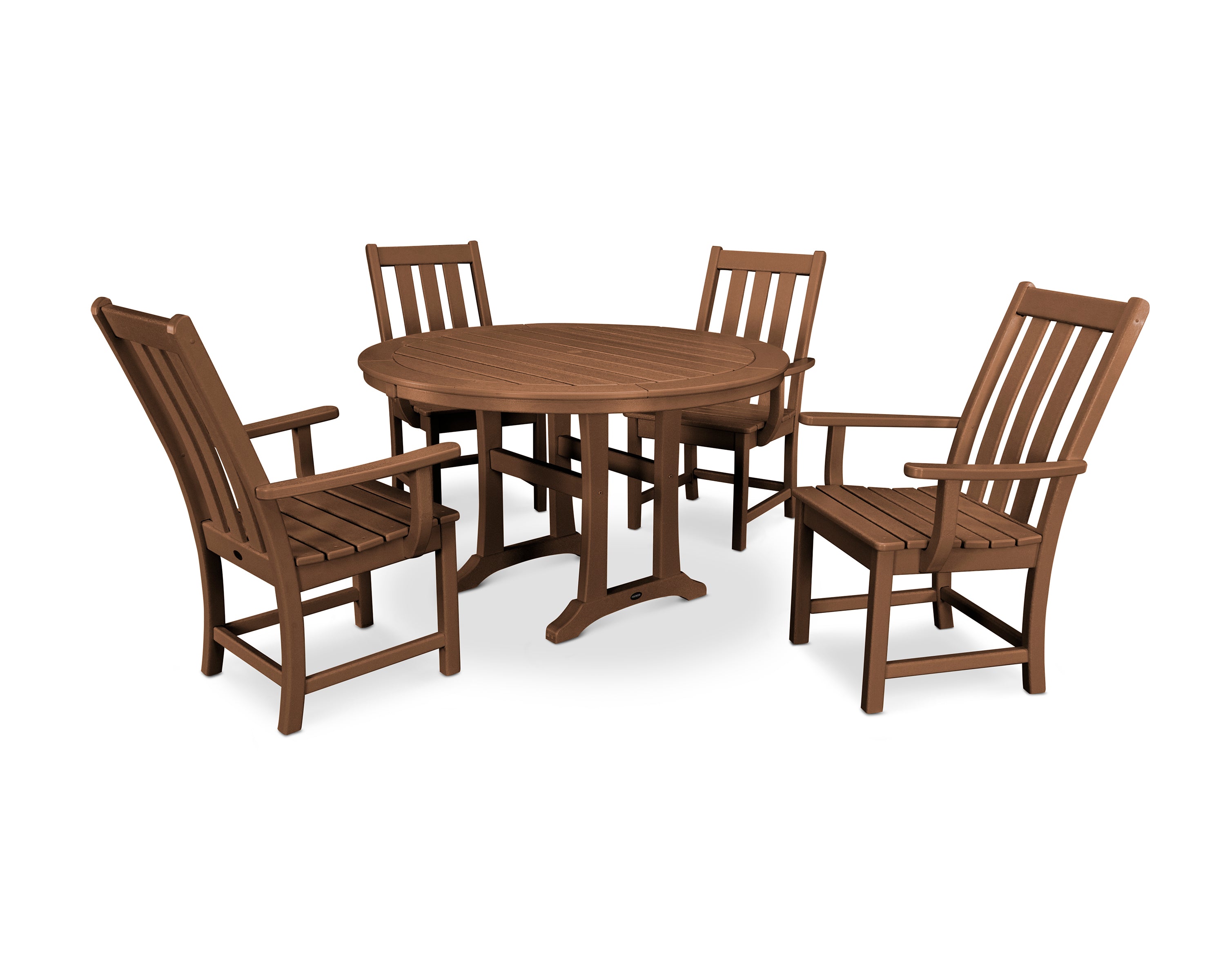 POLYWOOD® Vineyard 5-Piece Round Dining Set with Trestle Legs in Teak