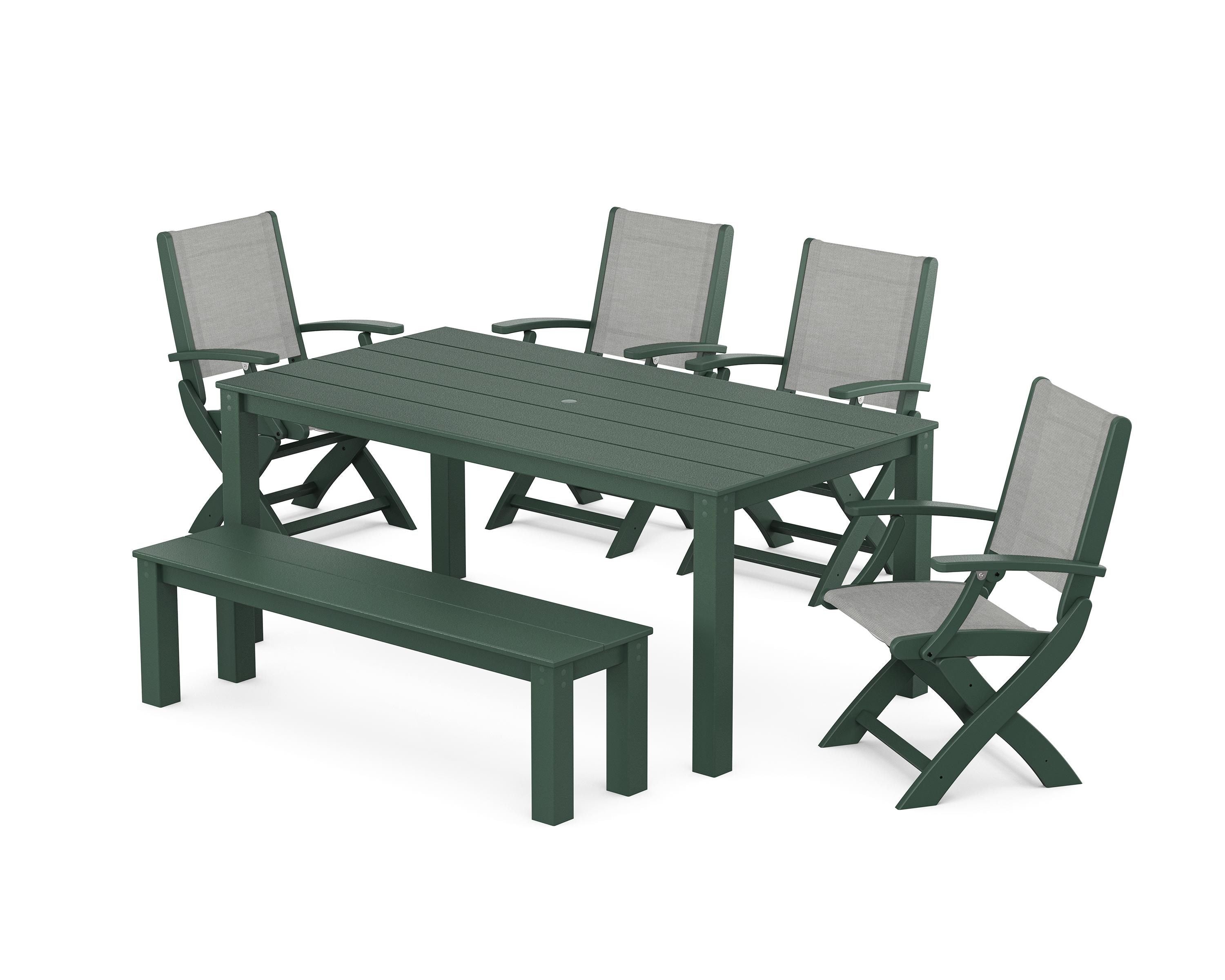 POLYWOOD Coastal Folding Chair 6-Piece Parsons Dining Set with Bench in Green / Metallic Sling