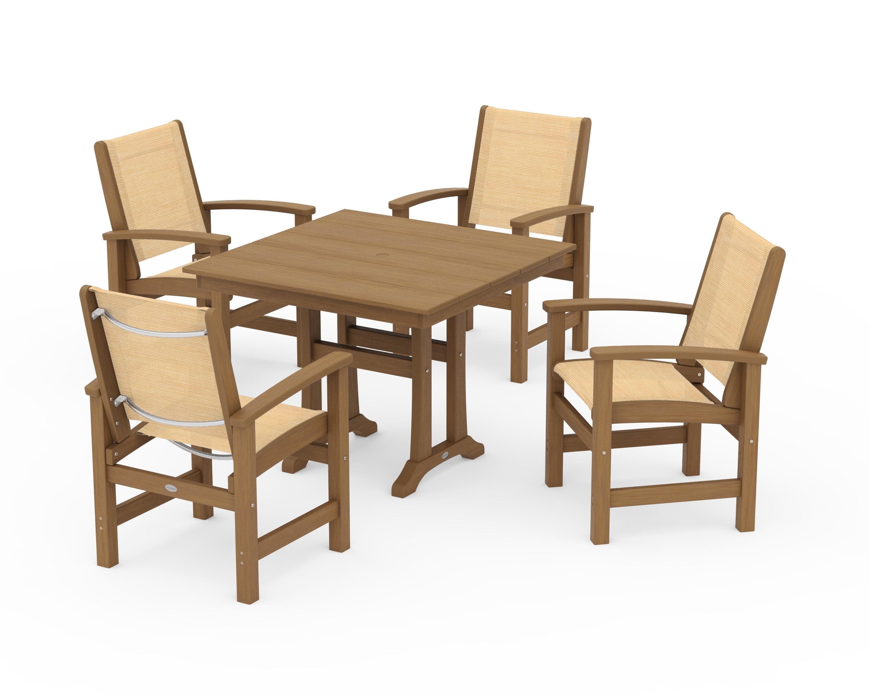 POLYWOOD Coastal 5-Piece Farmhouse Dining Set With Trestle Legs in Natural / Dupioni Apricot Sling