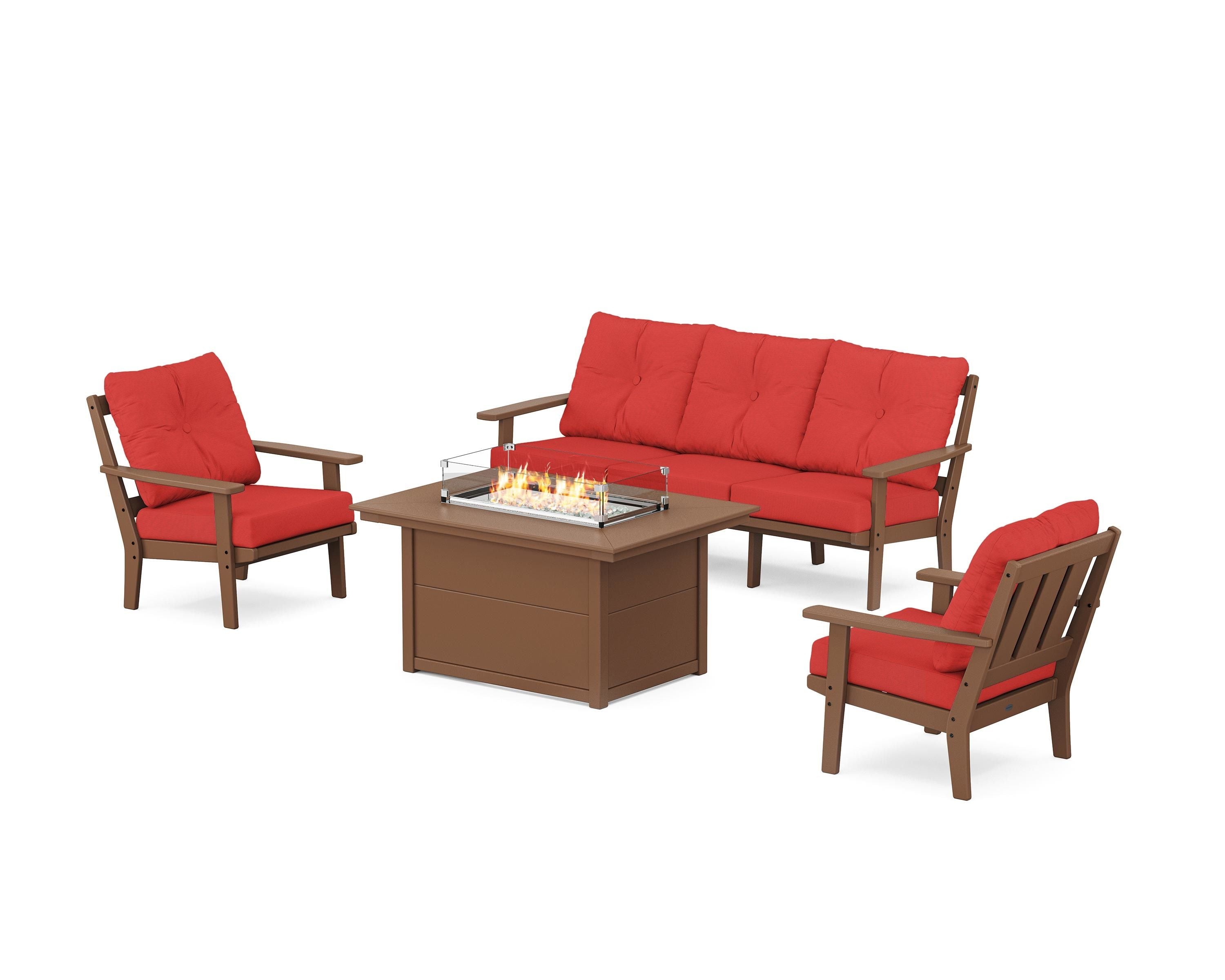 POLYWOOD Oxford Deep Seating Fire Pit Table Set in Teak / Crimson Linen