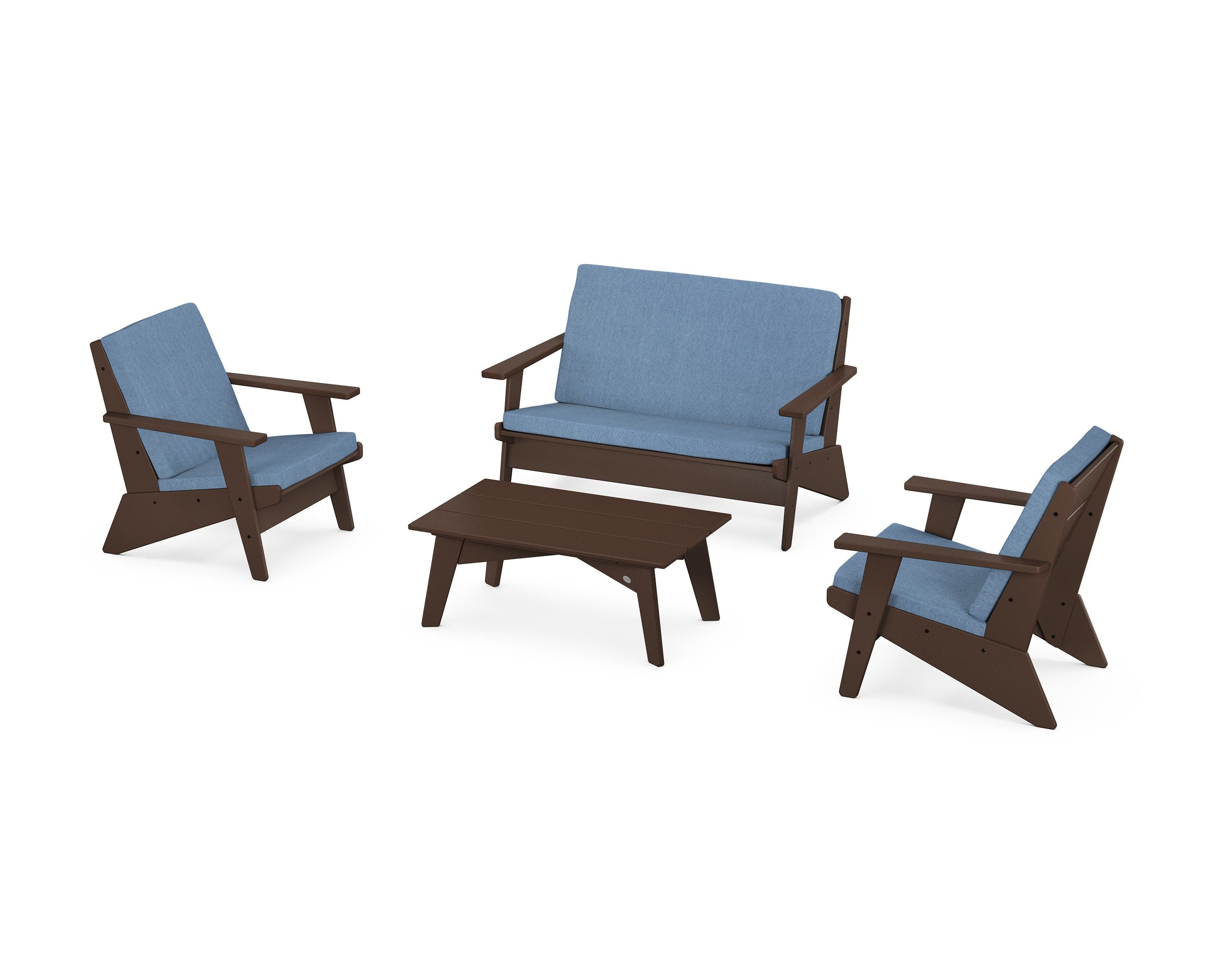 POLYWOOD Riviera Modern Lounge 4-Piece Set in Mahogany / Sky Blue