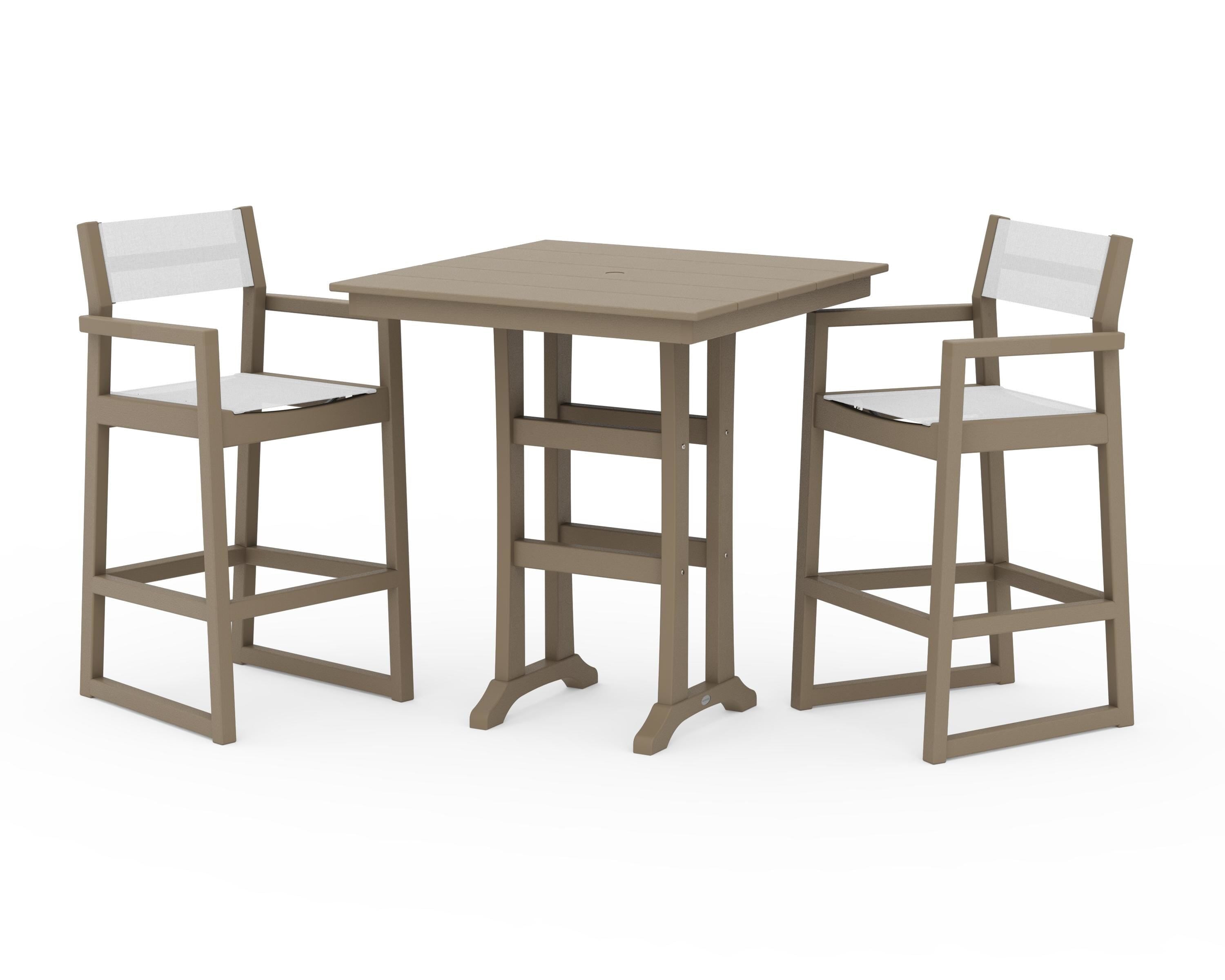 POLYWOOD EDGE Sling Arm Chair 3-Piece Farmhouse Bar Set with Trestle Legs in Vintage Sahara / White Sling