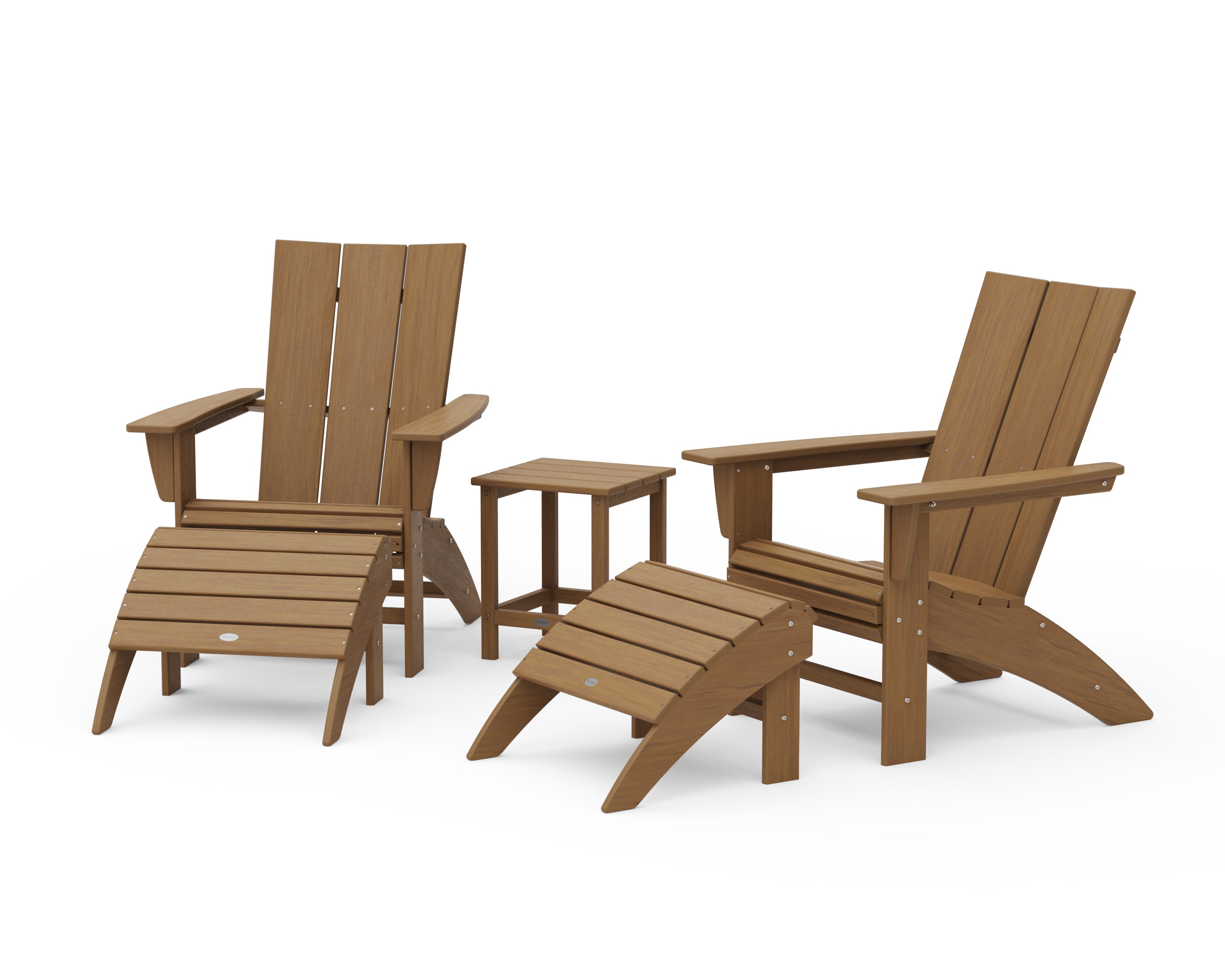 POLYWOOD Modern Curveback Adirondack Chair 5-Piece Set with Ottomans and 18" Side Table in Natural