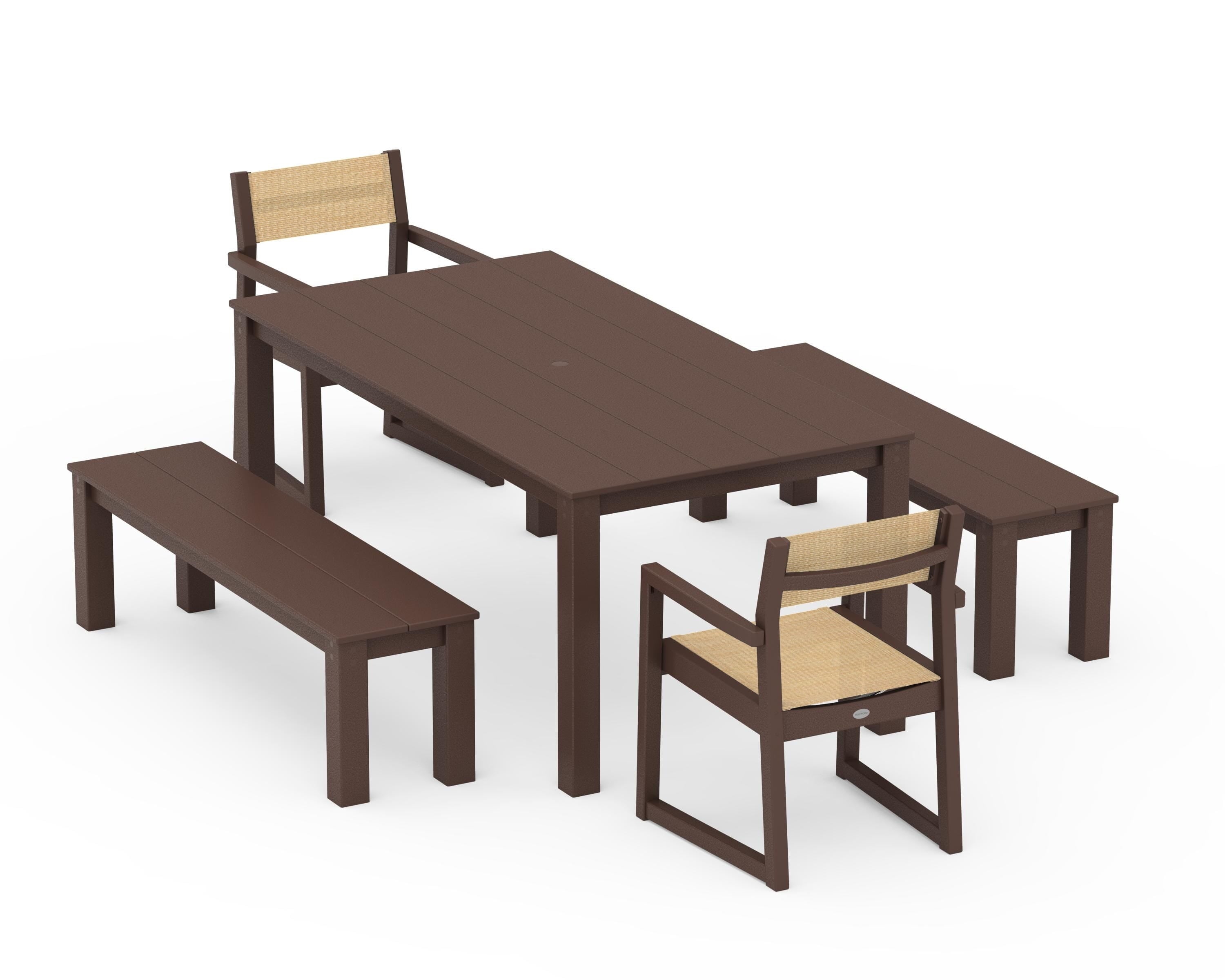 POLYWOOD EDGE Sling Arm Chair 5-Piece Parsons Dining Set with Benches in Mahogany / Dupioni Apricot Sling