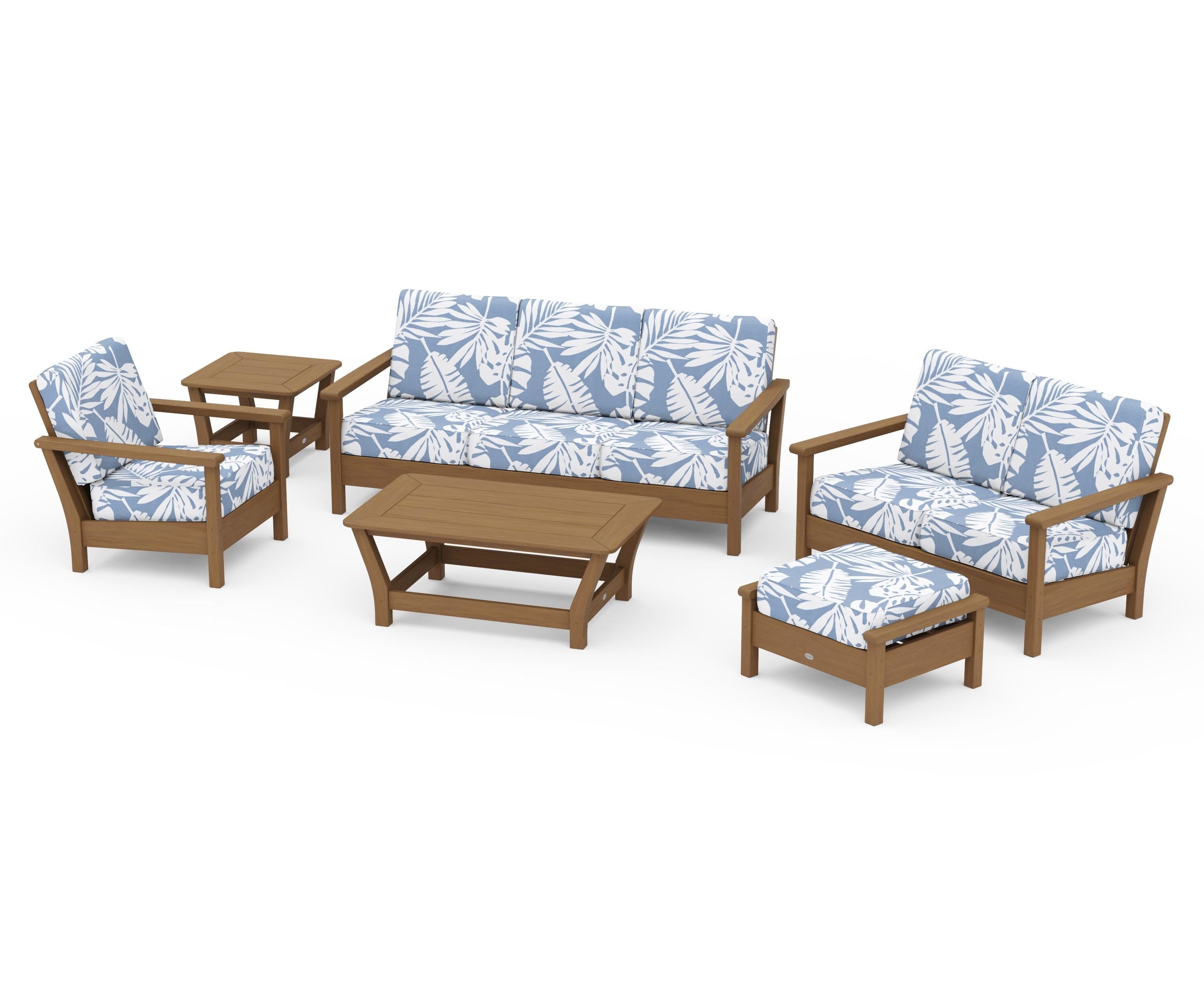 POLYWOOD Harbour 6-Piece Outdoor Living Set in Natural / Leaf Sky Blue