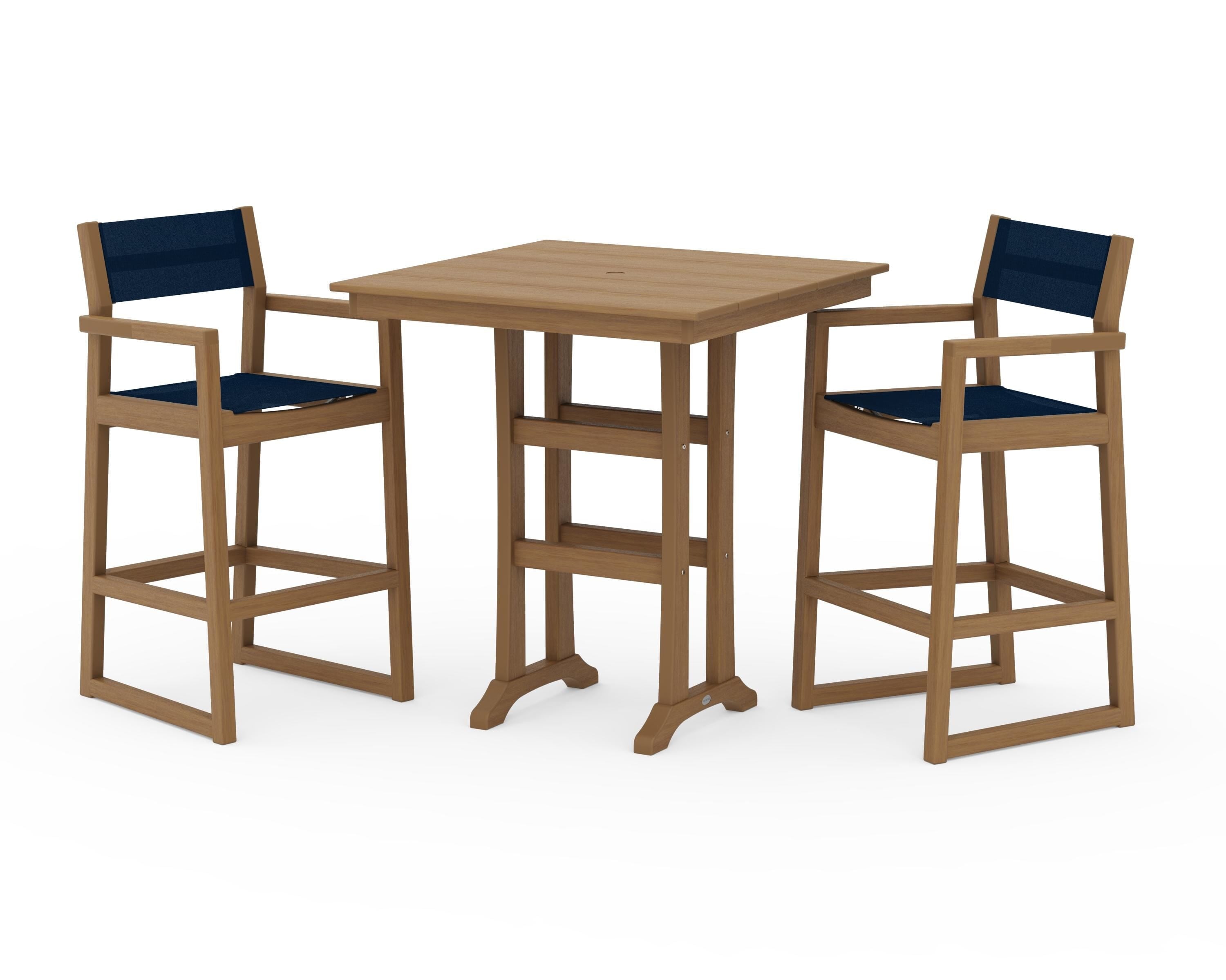 POLYWOOD EDGE Sling Arm Chair 3-Piece Farmhouse Bar Set with Trestle Legs in Natural / Navy Blue Sling