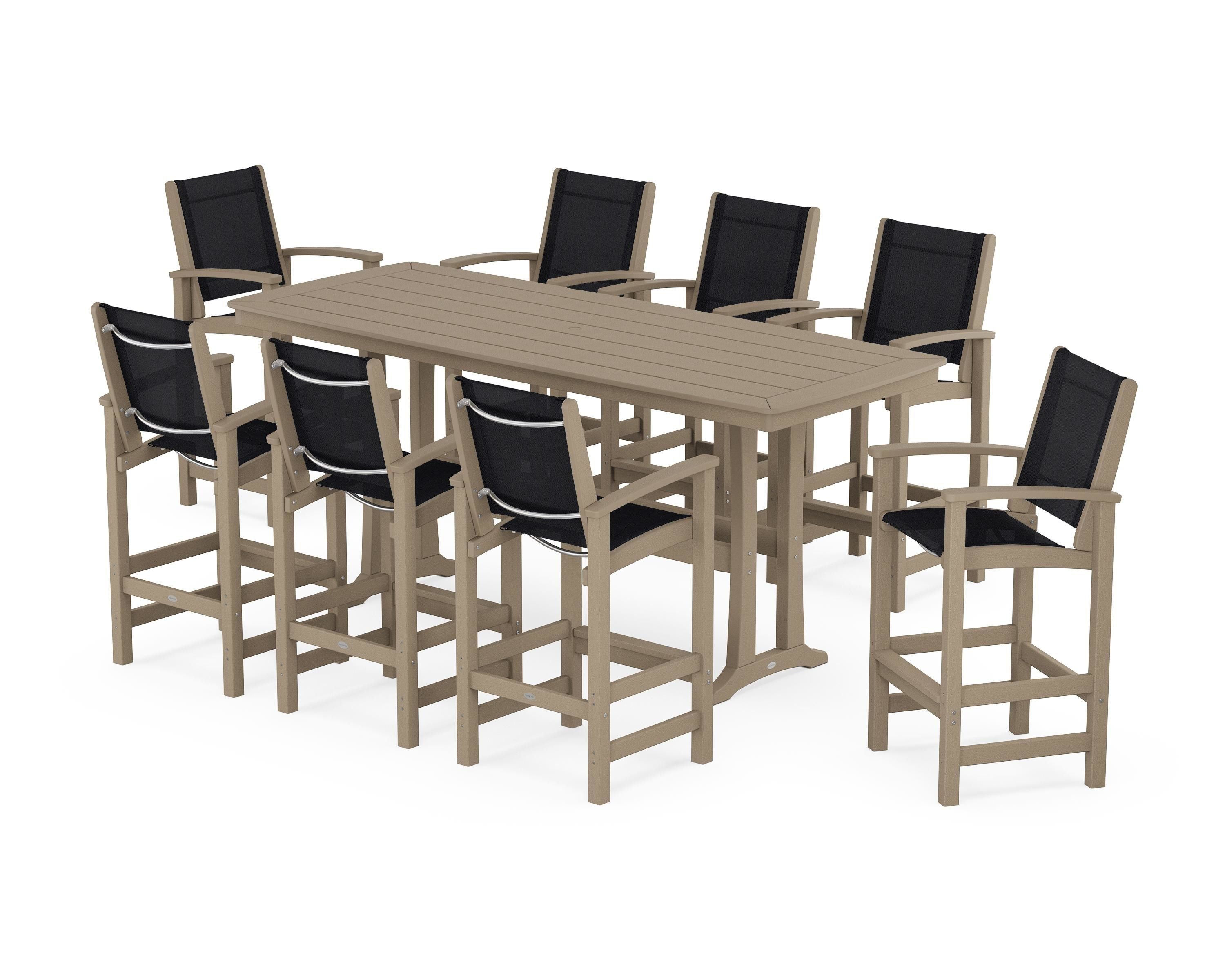 POLYWOOD Coastal 9-Piece Bar Set with Trestle Legs in Vintage Sahara / Black Sling