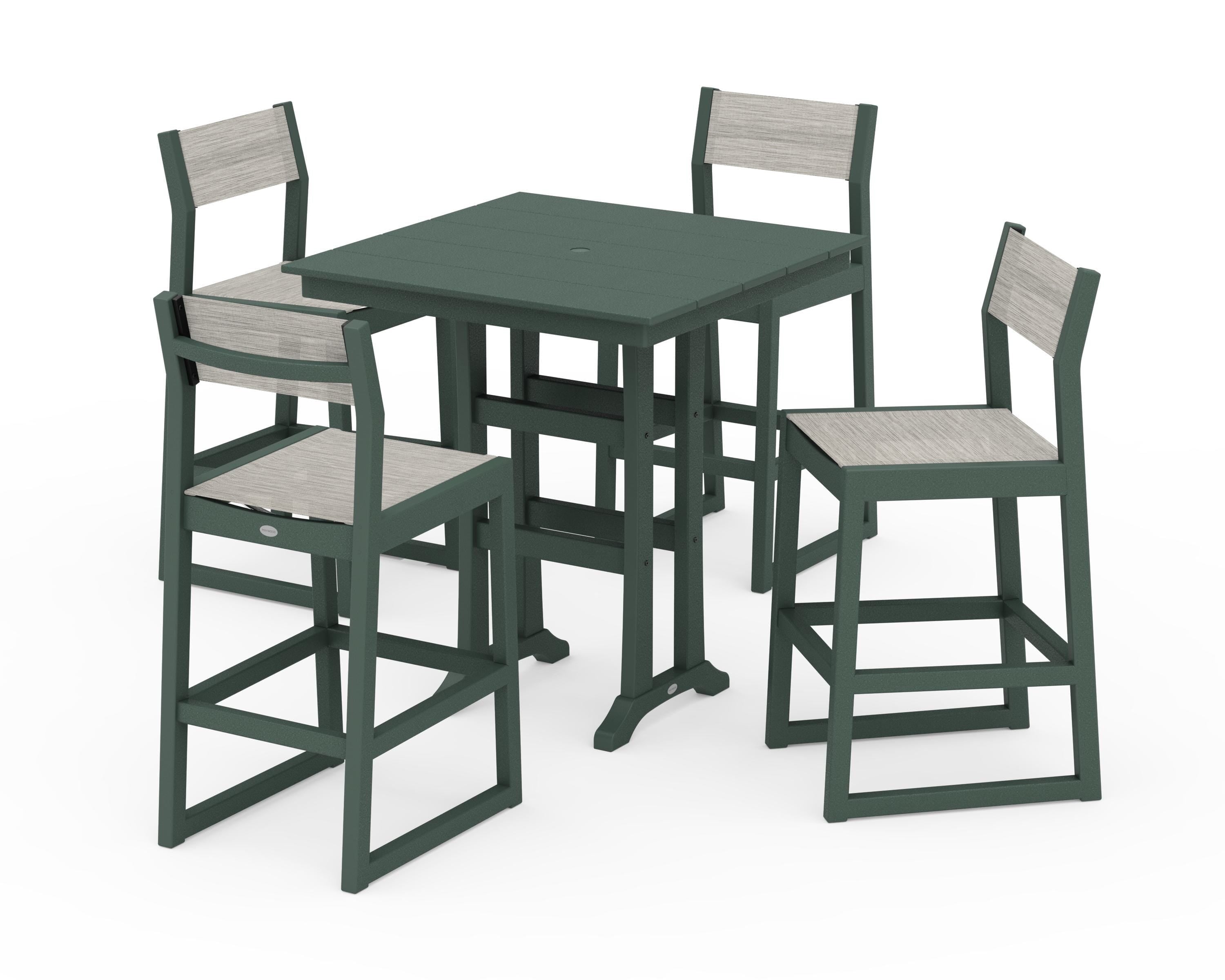 POLYWOOD EDGE Sling Arm Chair 5-Piece Farmhouse Bar Set with Trestle Legs in Green / Birch Sling