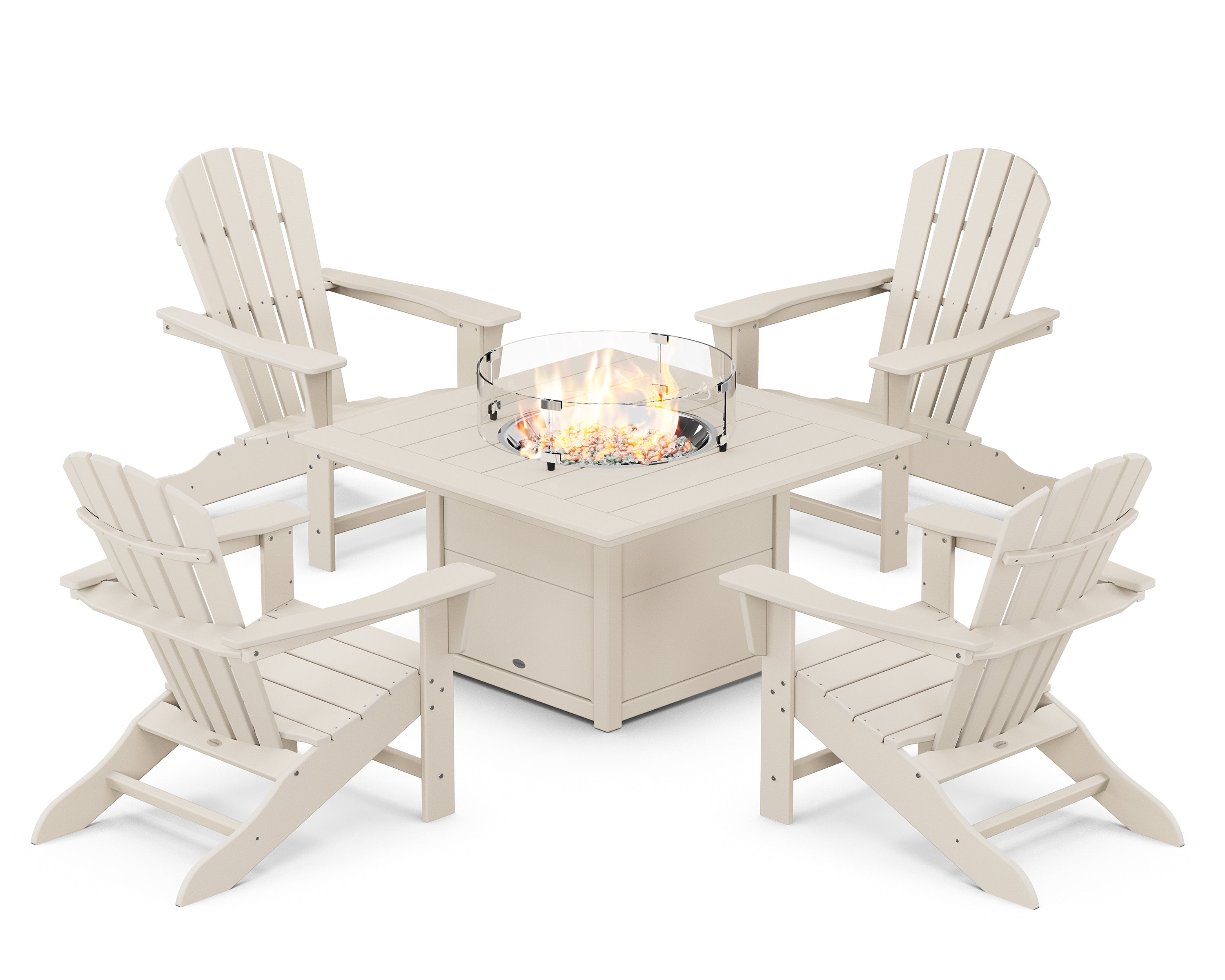 POLYWOOD Palm Coast 5-Piece Adirondack Chair Conversation Set with Fire Pit Table in Sand