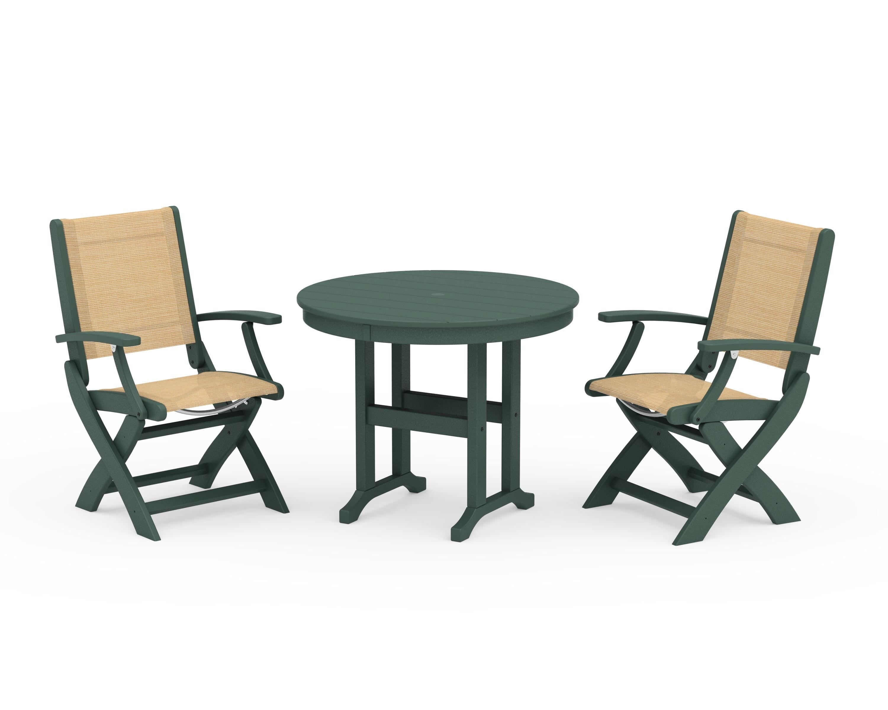 POLYWOOD Coastal Folding Chair 3-Piece Round Dining Set in Green / Dupioni Apricot Sling