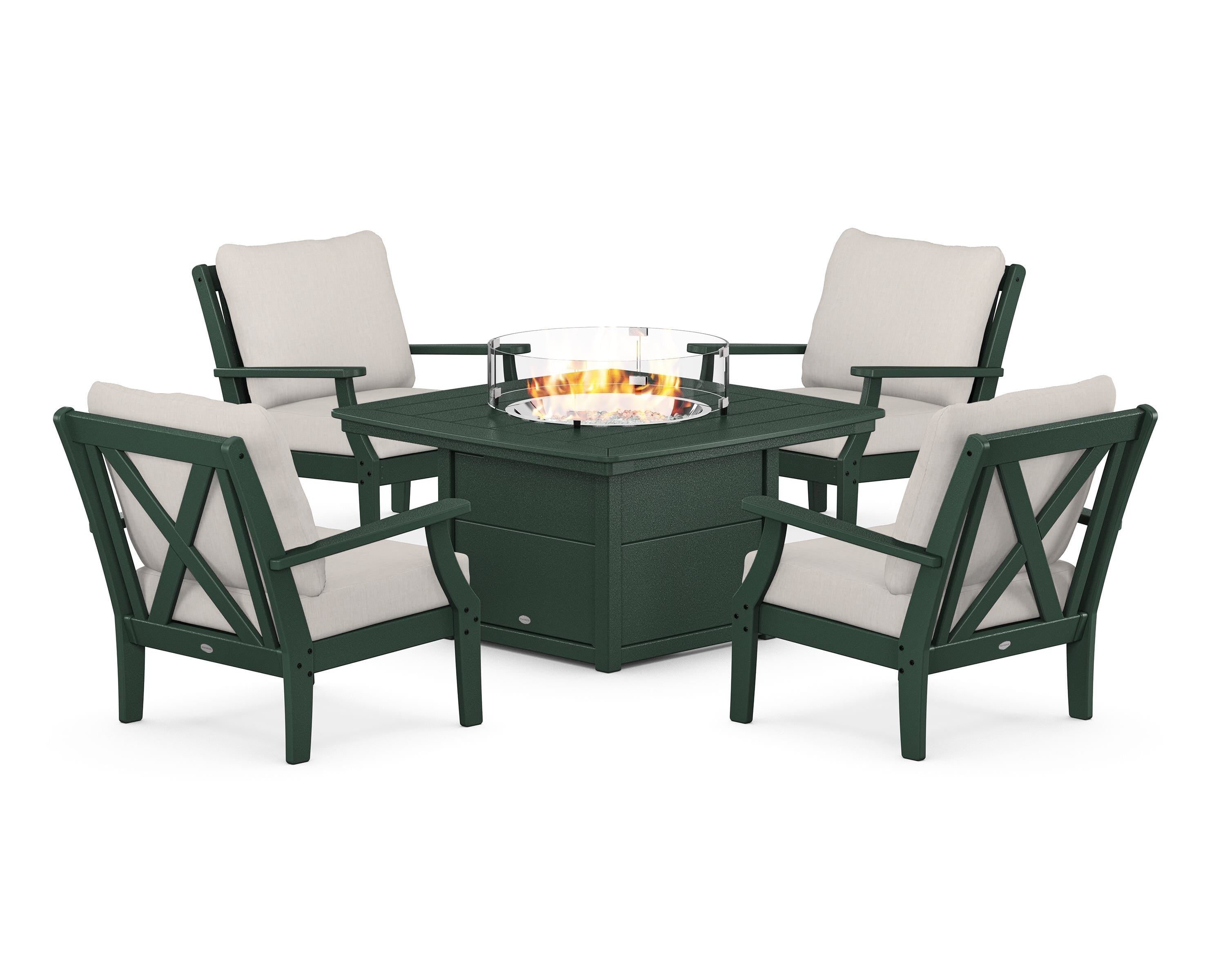 POLYWOOD Braxton 5-Piece Deep Seating Conversation Set with Fire Pit Table in Green / Cast Ash