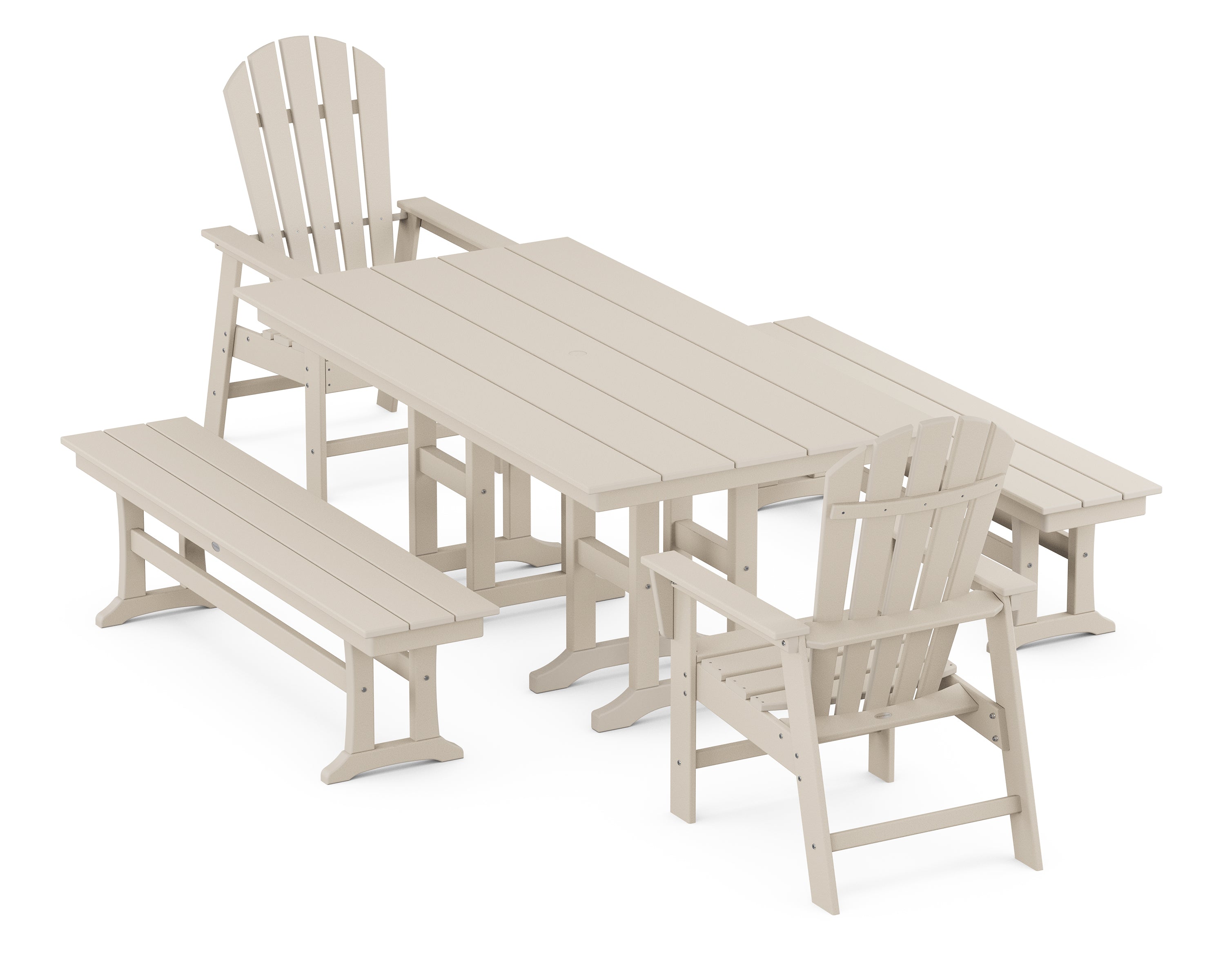 POLYWOOD® South Beach 5-Piece Farmhouse Dining Set with Benches in Sand