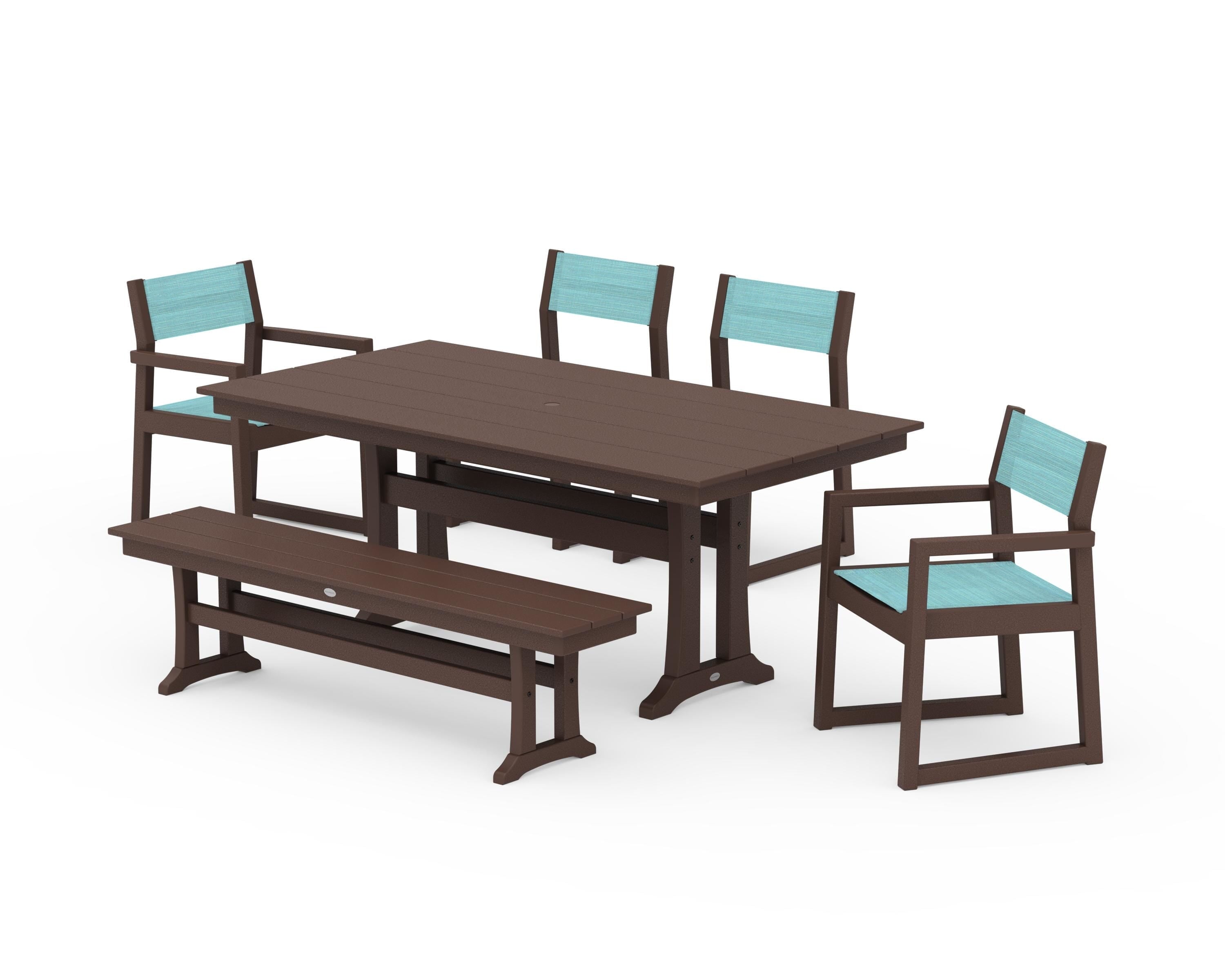 POLYWOOD EDGE Sling 6-Piece Farmhouse Dining Set With Trestle Legs in Mahogany / Dupioni Aquamarine Sling