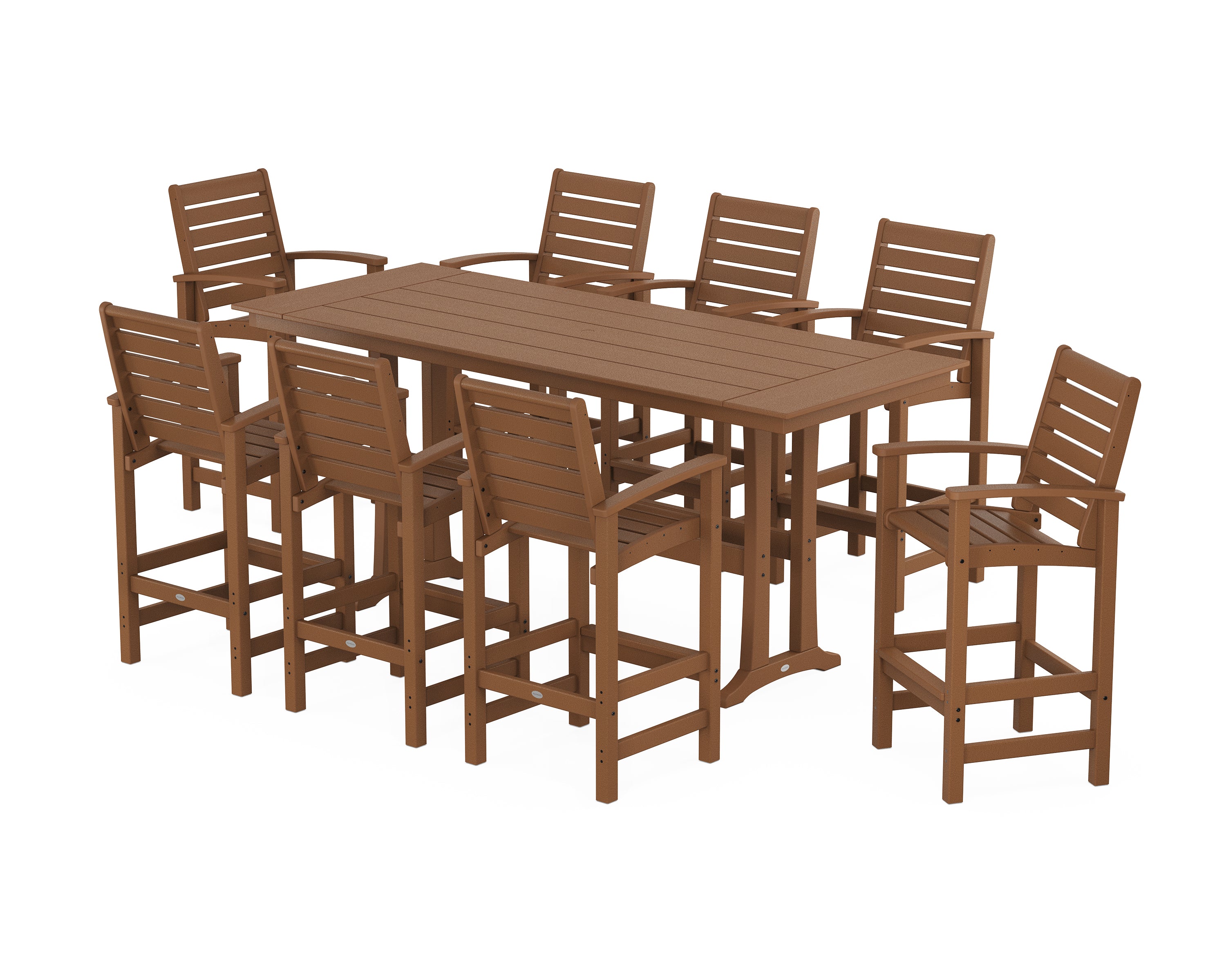 POLYWOOD® Signature 9-Piece Farmhouse Bar Set with Trestle Legs in Teak