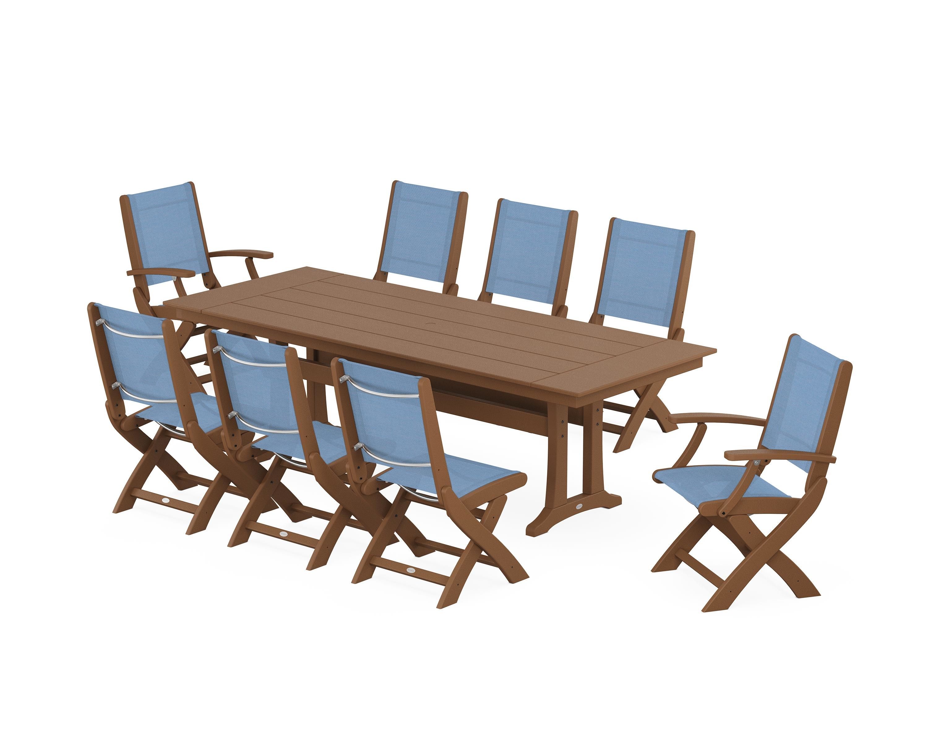 POLYWOOD Coastal 9-Piece Folding Dining Chair Farmhouse Dining Set with Trestle Legs in Teak / Poolside Sling