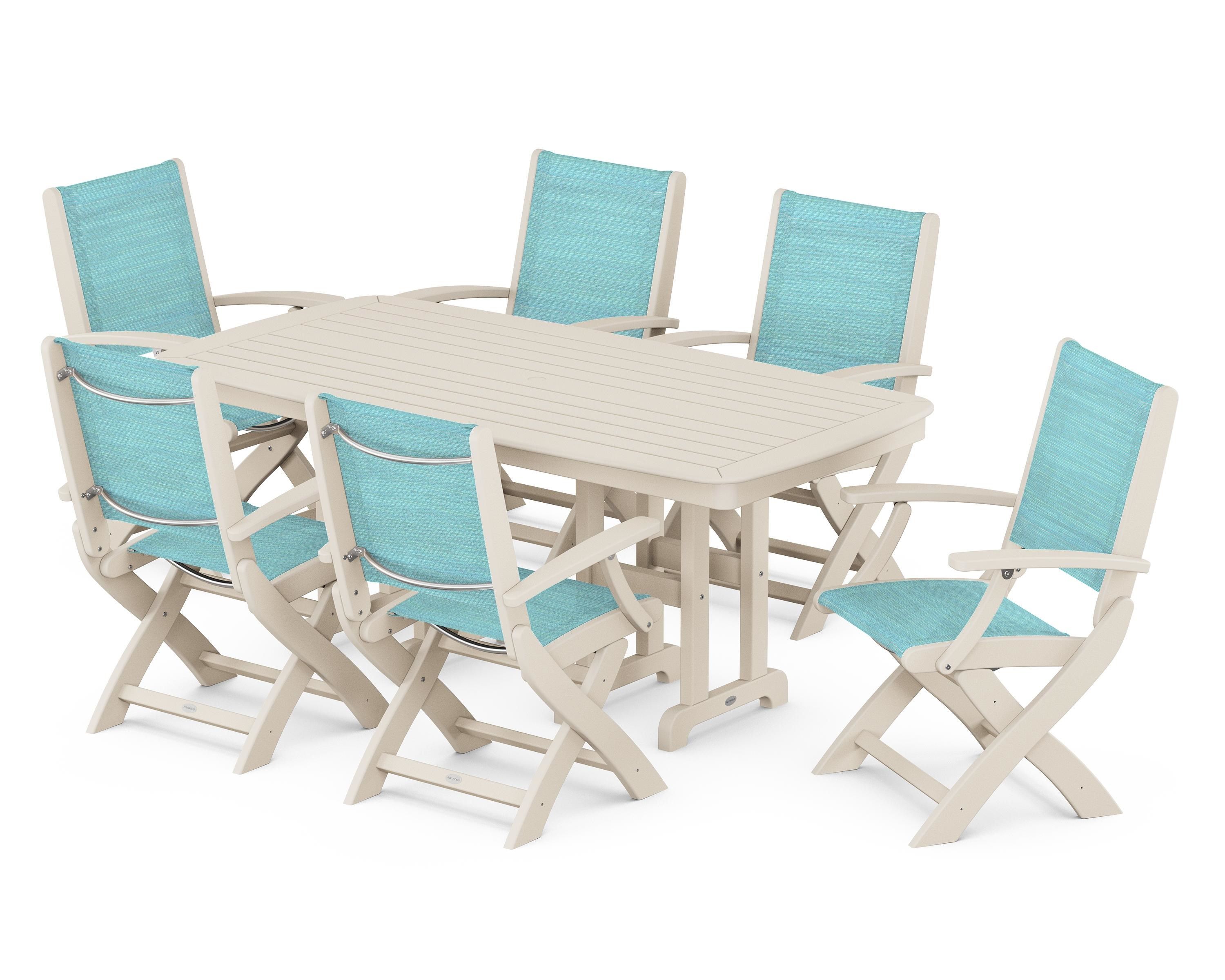 POLYWOOD Coastal Folding Arm Chair 7-Piece Dining Set in Sand / Dupioni Aquamarine Sling