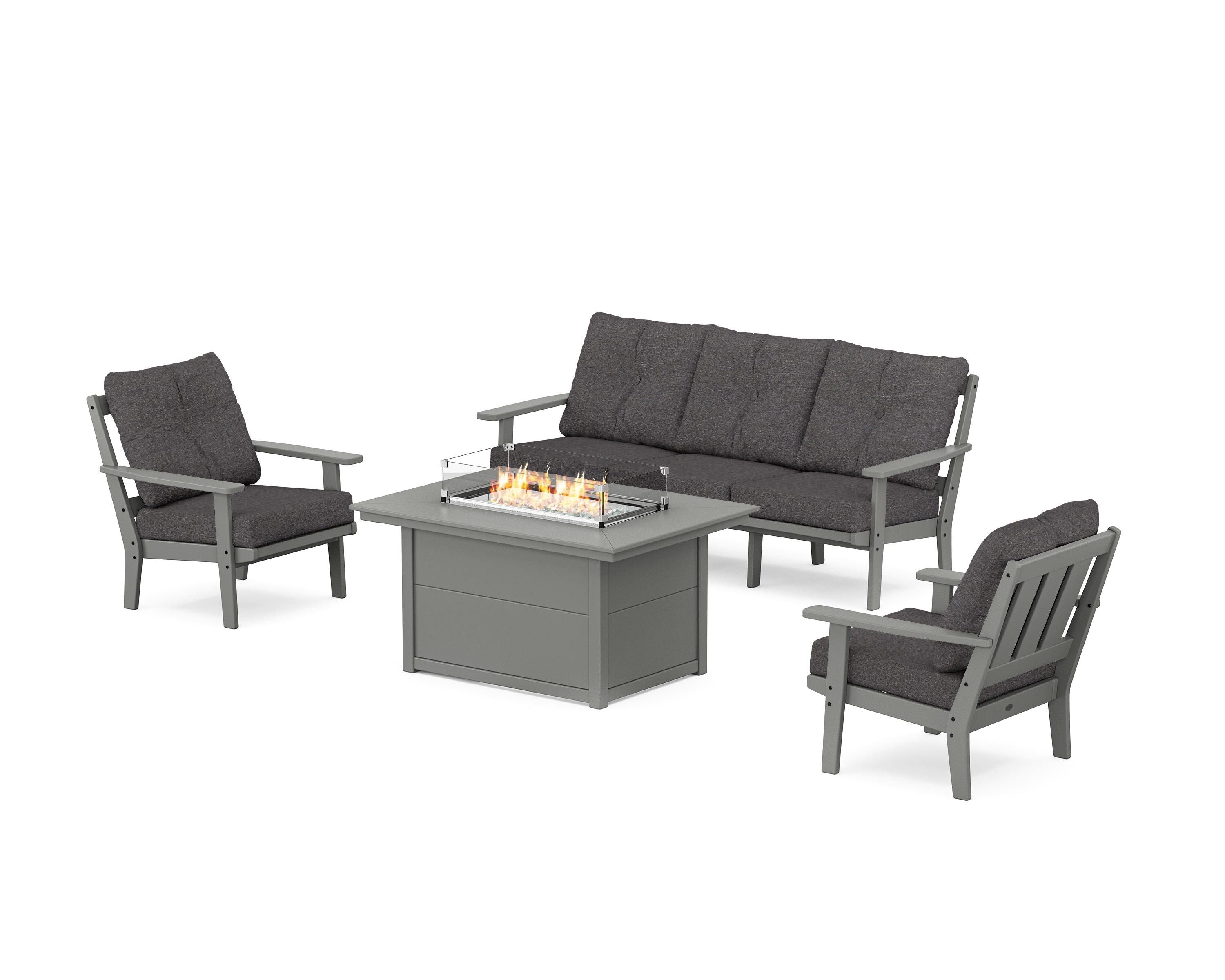 POLYWOOD Oxford Deep Seating Fire Pit Table Set in Slate Grey / Ash Charcoal