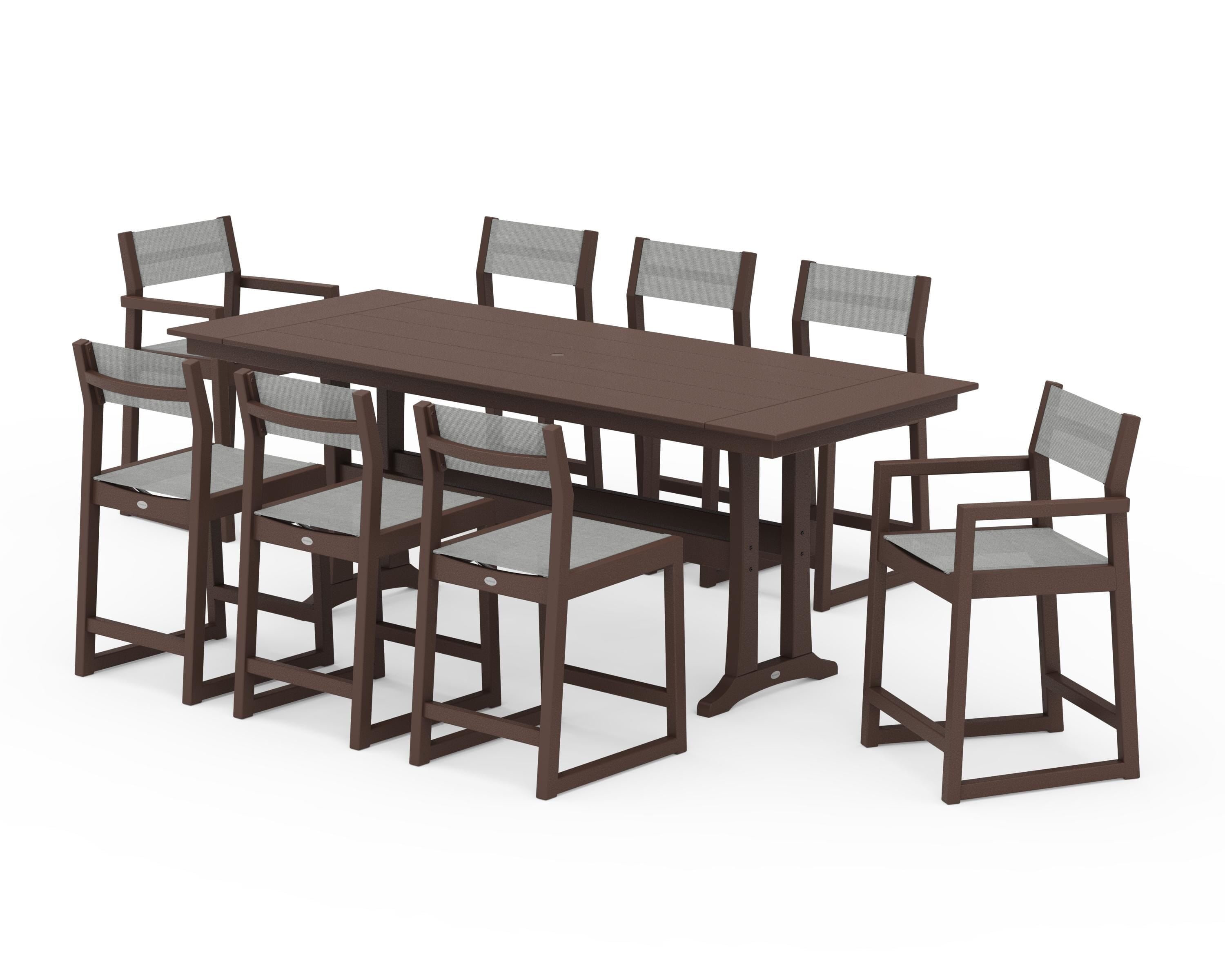 POLYWOOD EDGE Sling 9-Piece Farmhouse Counter Set with Trestle Legs in Mahogany / Metallic Sling