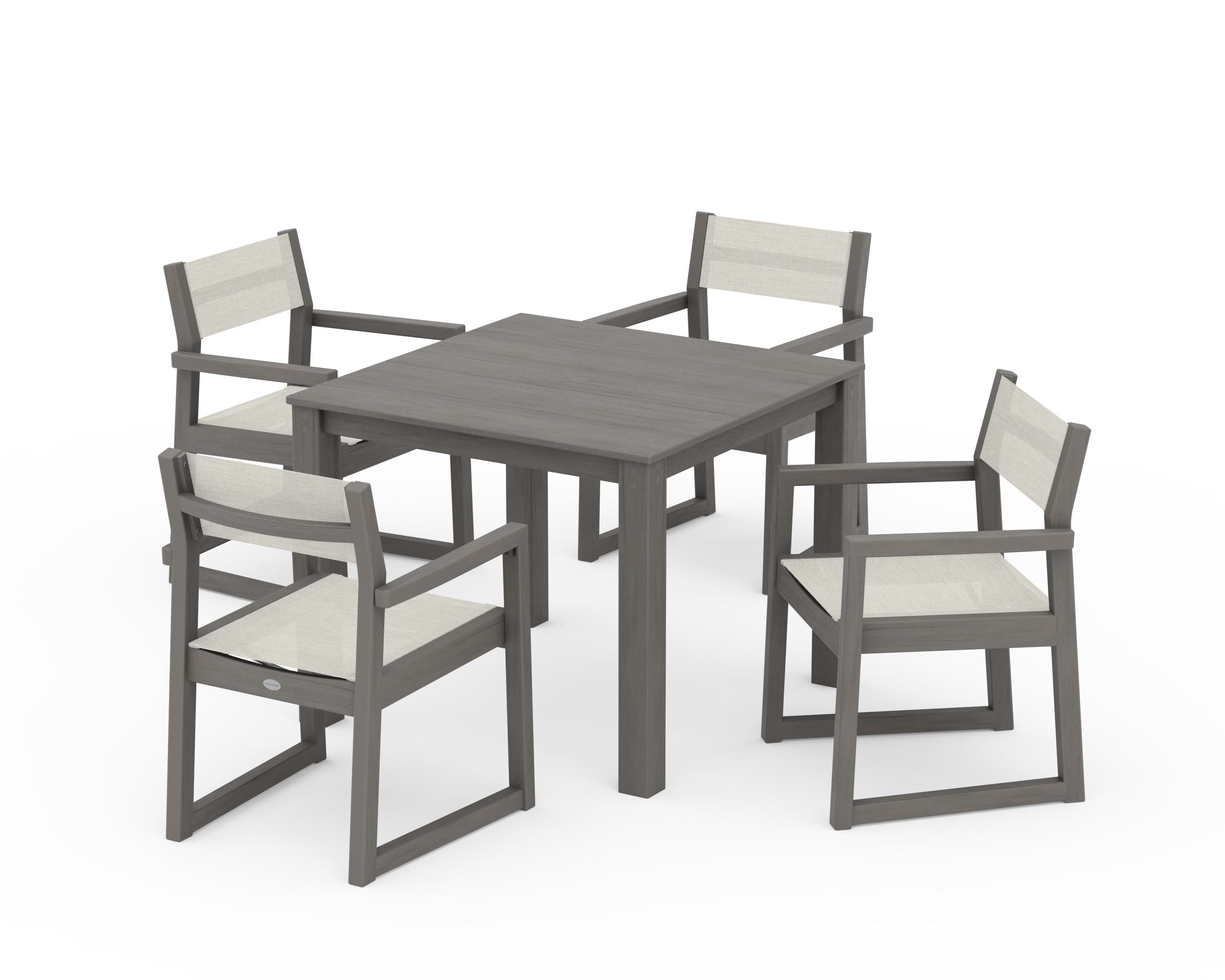 POLYWOOD EDGE Sling Arm Chair 5-Piece Parsons Dining Set in Driftwood / Parchment Sling